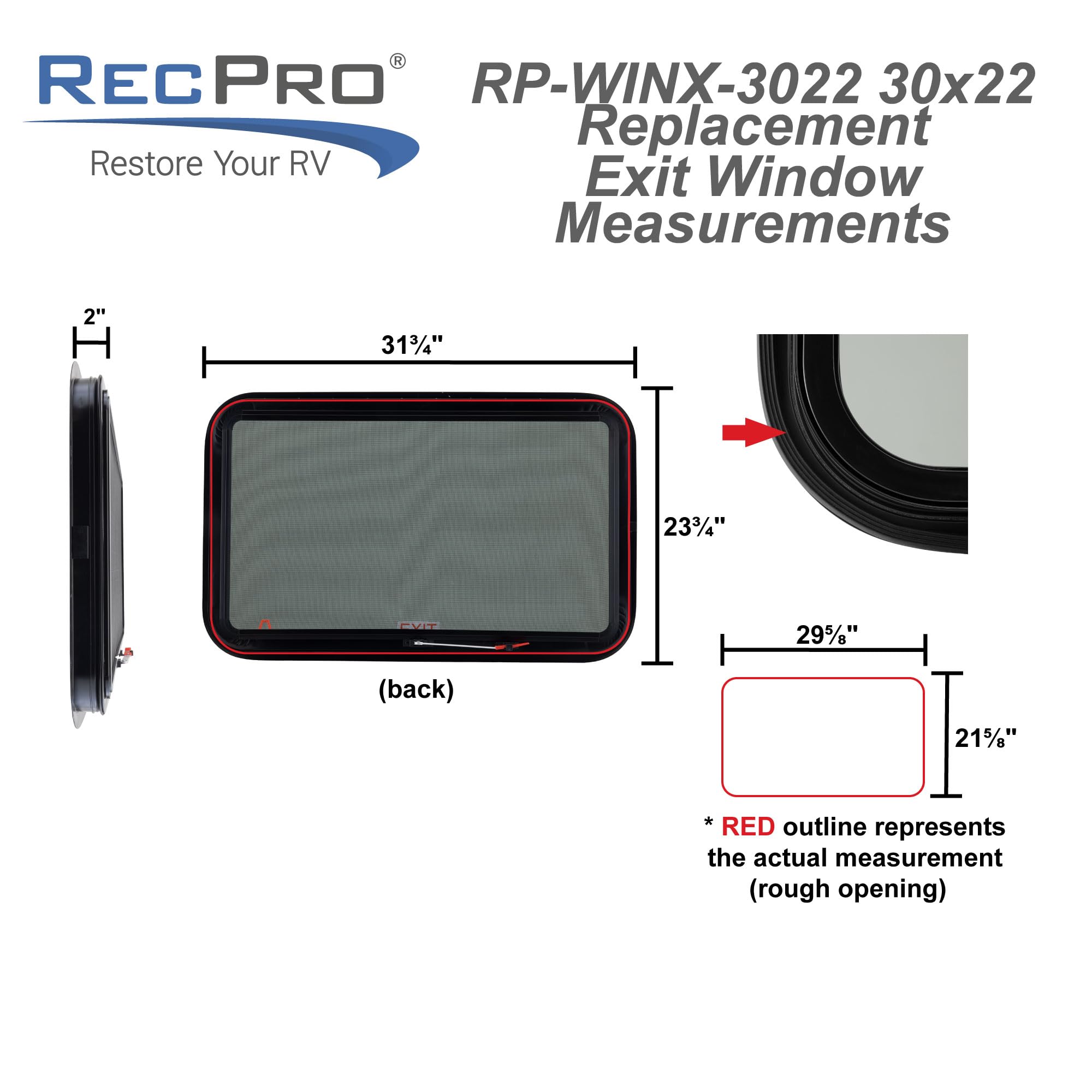 RecPro RV Exit Window 30" x 22" with Trim Ring - Black Tempered Glass Replacement (Model RP-WINX) - Made in USA