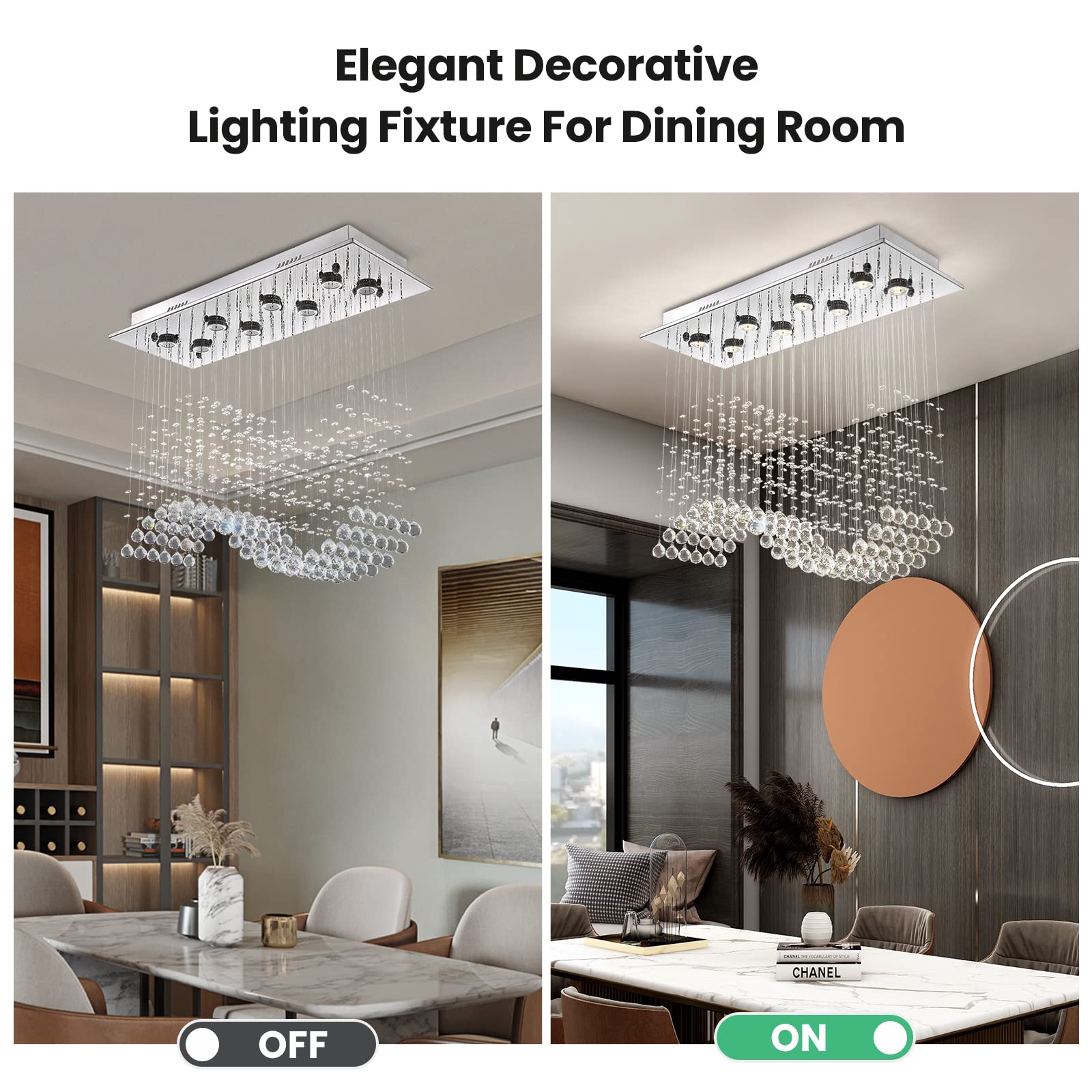 Siljoy Modern Wave 8-Light Chrome Crystal Chandelier, Flush Mount Pendant, L31.5'' x W12'' x H28'', Perfect for Dining and Living Room