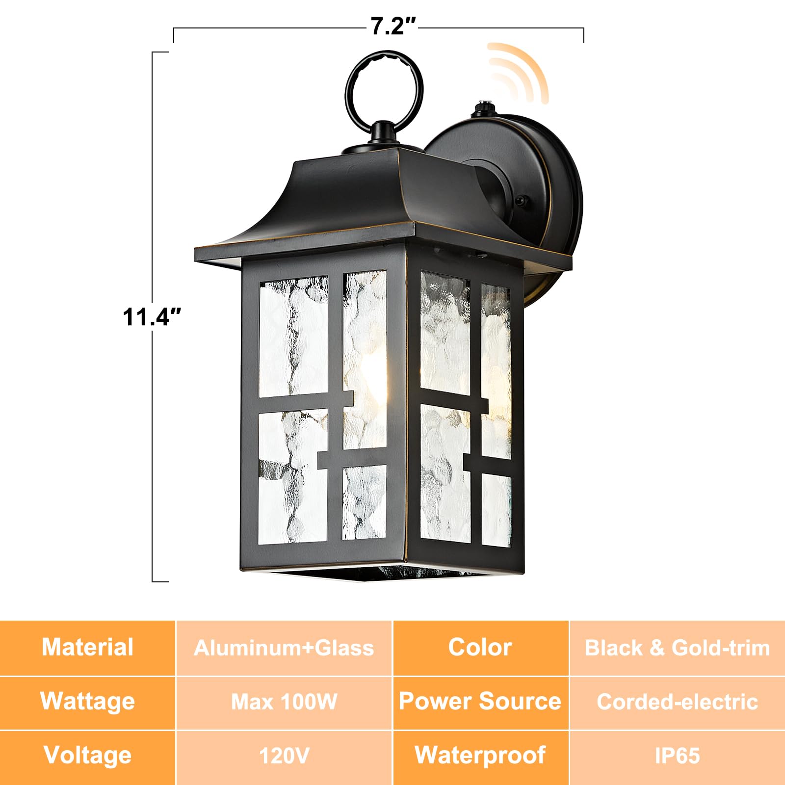 OKELI 2-Pack Outdoor Wall Lights, Aluminum Porch Light, Dusk to Dawn with Ripple Glass, Black & Gold-Trim, 11.4" Sconce, Model OK100-M2