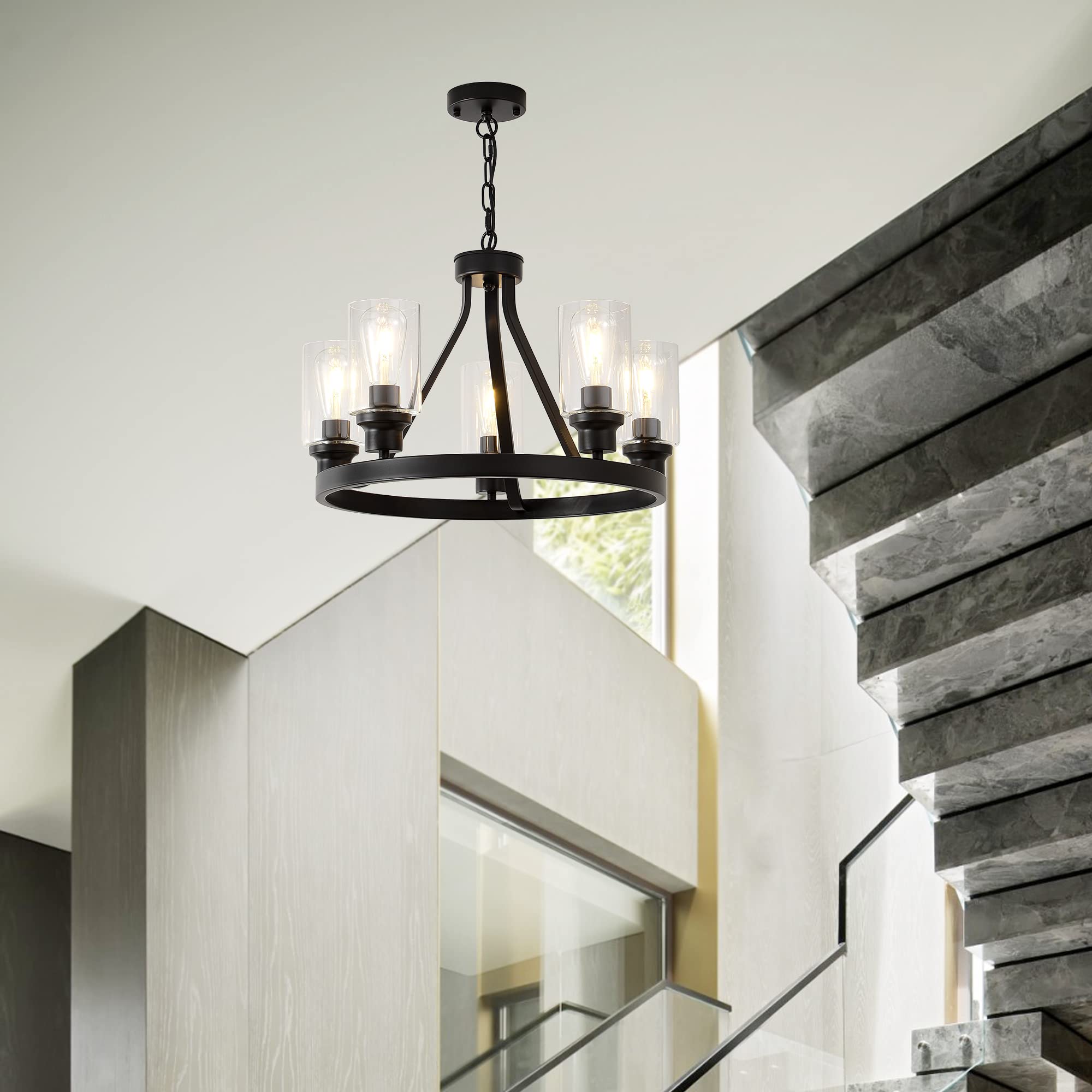 Sivilynus Farmhouse Chandelier Lighting Round 5 Lights Black With Glass Shade Ceiling Hanging Vintage Rustic Light Fixture For D