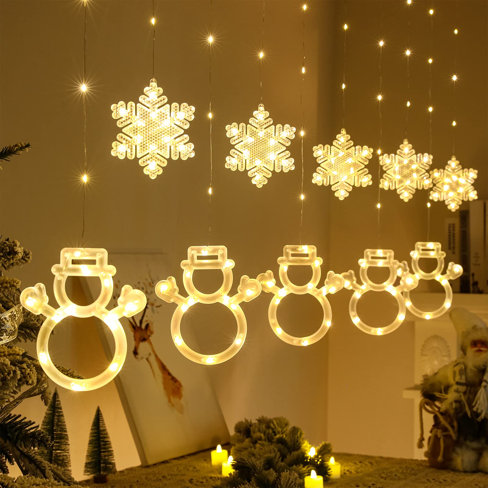 BLOOMWIN Window Lights Christmas Decor 9.8ft 5 Snowmen and 5 Snowflakes Icicle Lights USB Christmas Curtain Lights Winter Decorations for Bedroom Indoor Home Church Wedding Birthday, Warm White