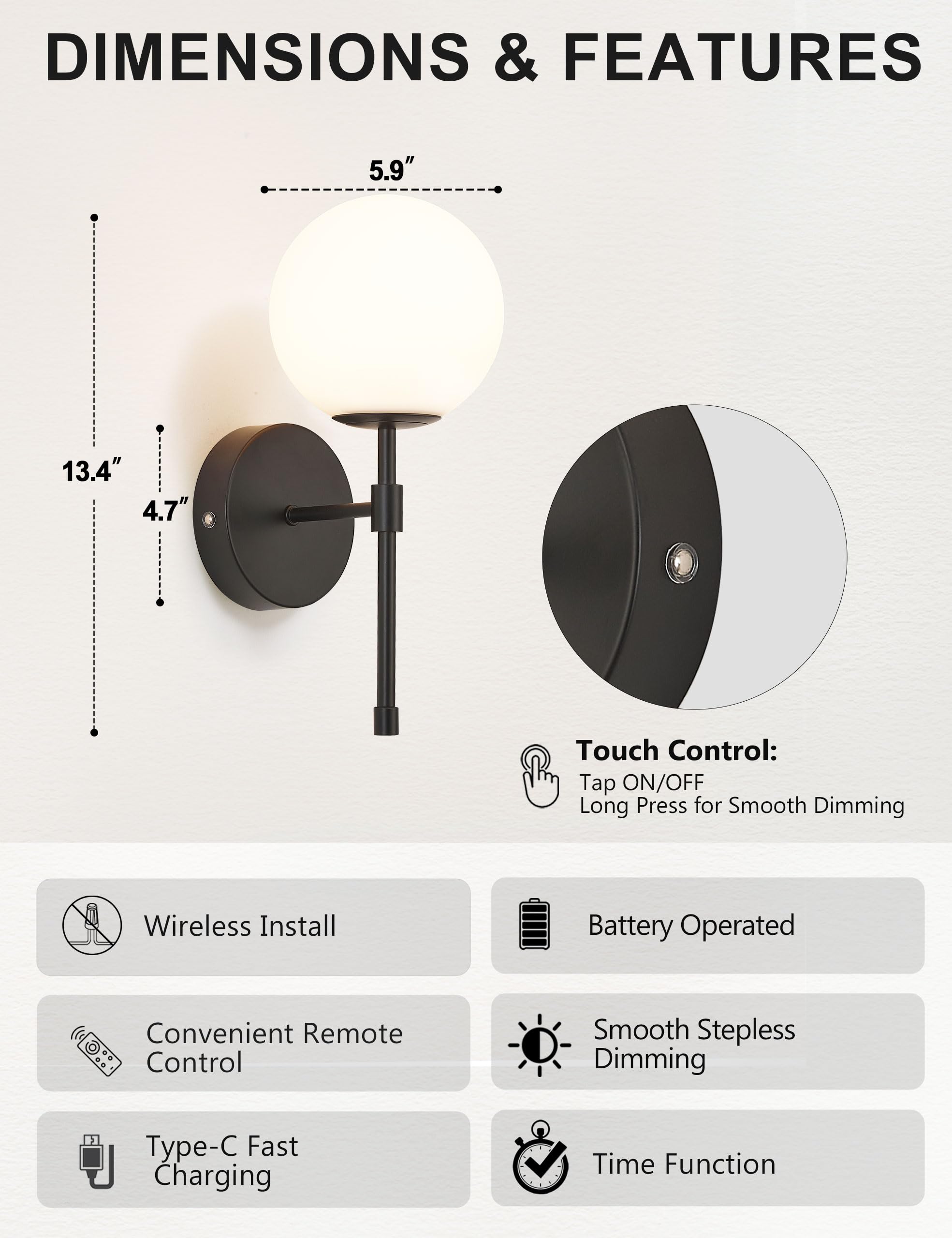 MSTETO Battery Operated Globe Wall Sconces Set of 2, Black Acrylic, Rechargeable with Remote Control, Modern Dimming Lamp for Home Decor