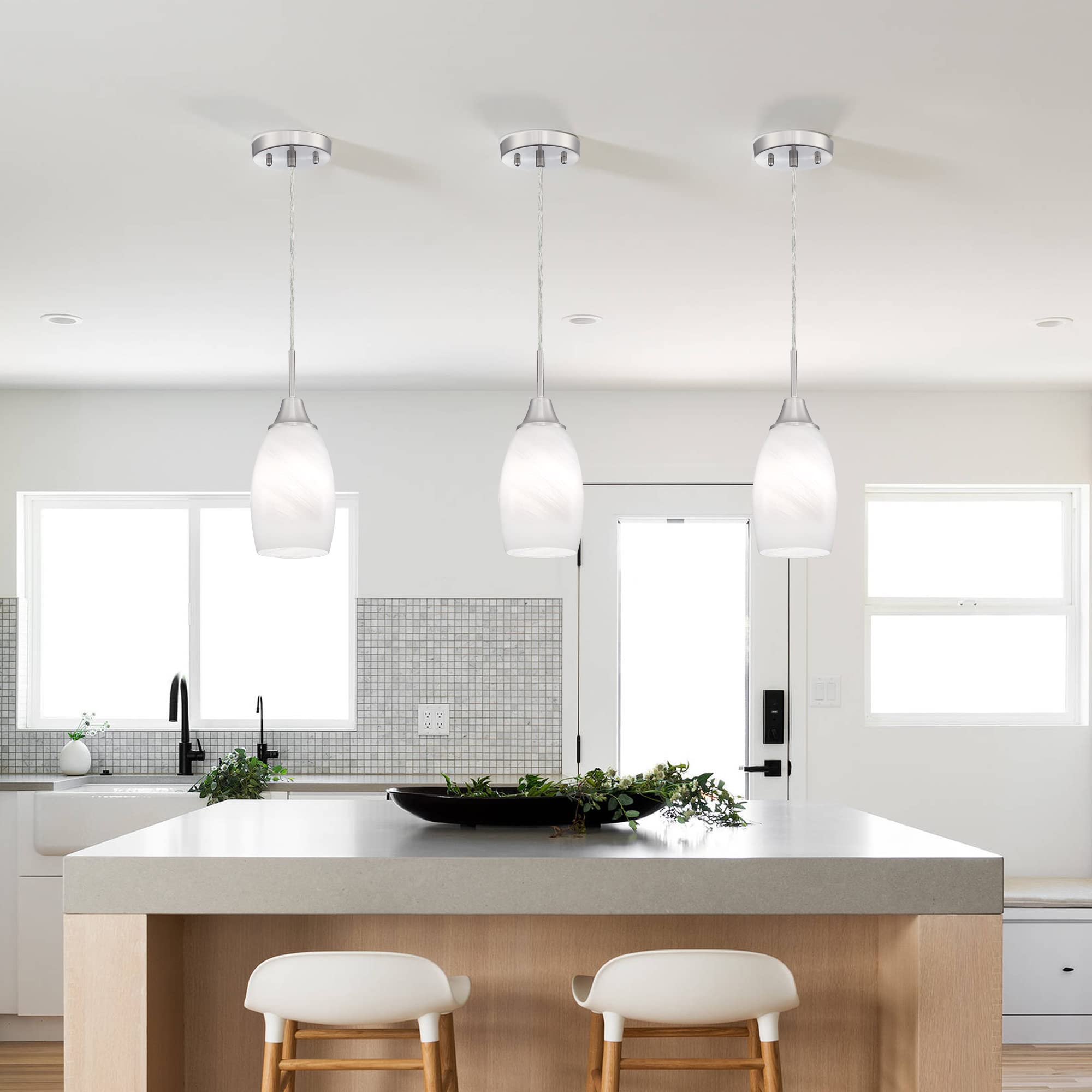 Viinew Mini Glass Pendant Light, Handblown White Swirl Art Glass, Adjustable Cord, Brushed Nickel, 4.72in, 1-Pack