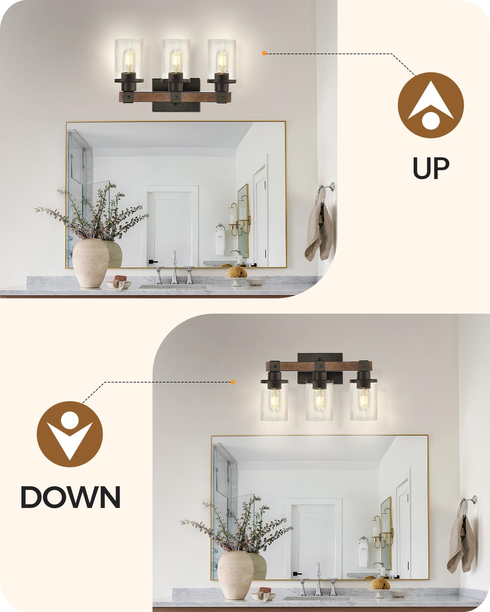 GOEBLESON 3-Light Bathroom Light Fixture, Rustic Brown & Black Metal Vanity Lights, Model F08BD05