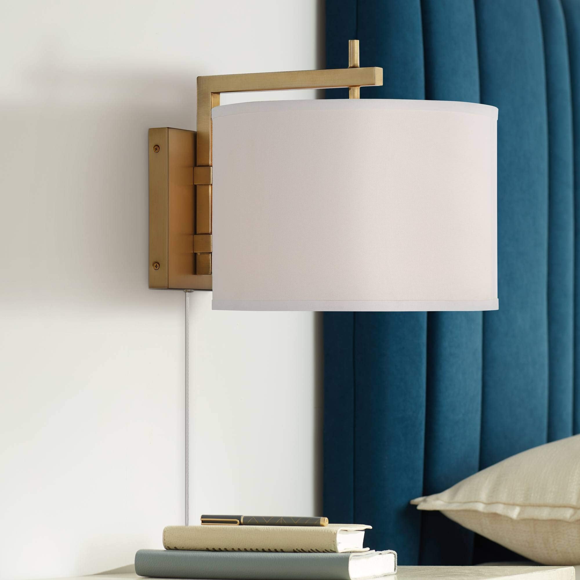 360 Lighting Adair Mid Century Modern Wall Mounted Lamp Warm Brass Metal Plug-in Light Fixture White Linen Drum Shade Bedroom Be