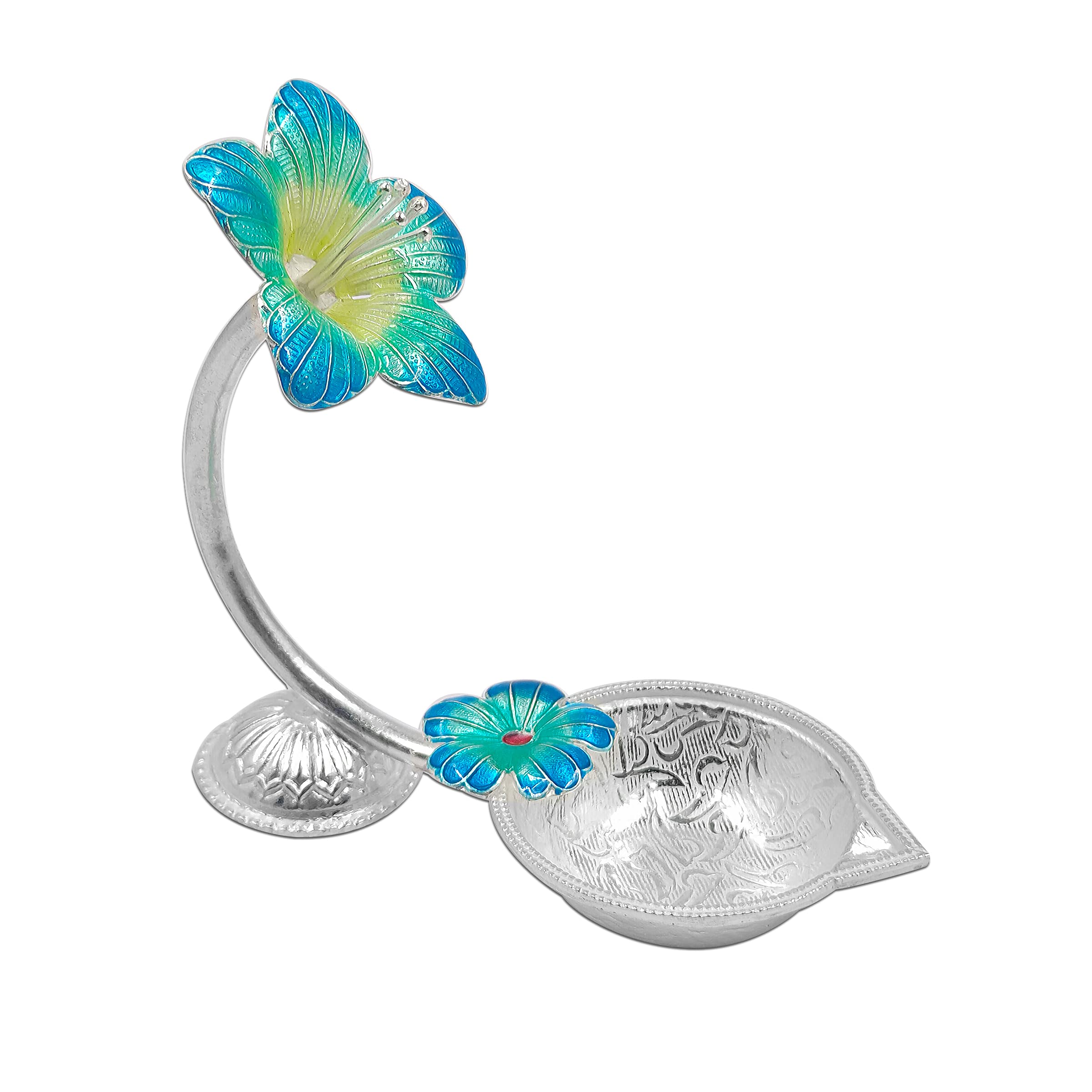 MAA SILVER Pure Silver Diya/Lamp/Deepak with Blue Hibiscus/Jaswanti Flower Design Perfect for Gift and Pooja Use (65 Purity)(35