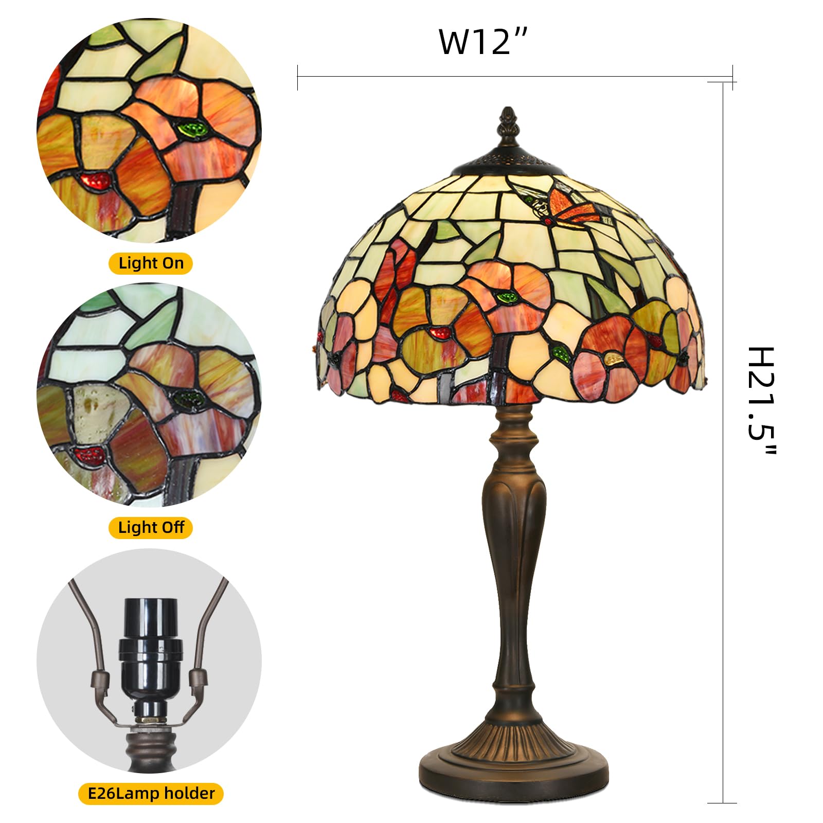 Homebeauty Tl0002 Tiffany Traditional Tiffany Style Table Lamp 21.5'' High Blossoming Antique Stained Glass Lamp For Living Room