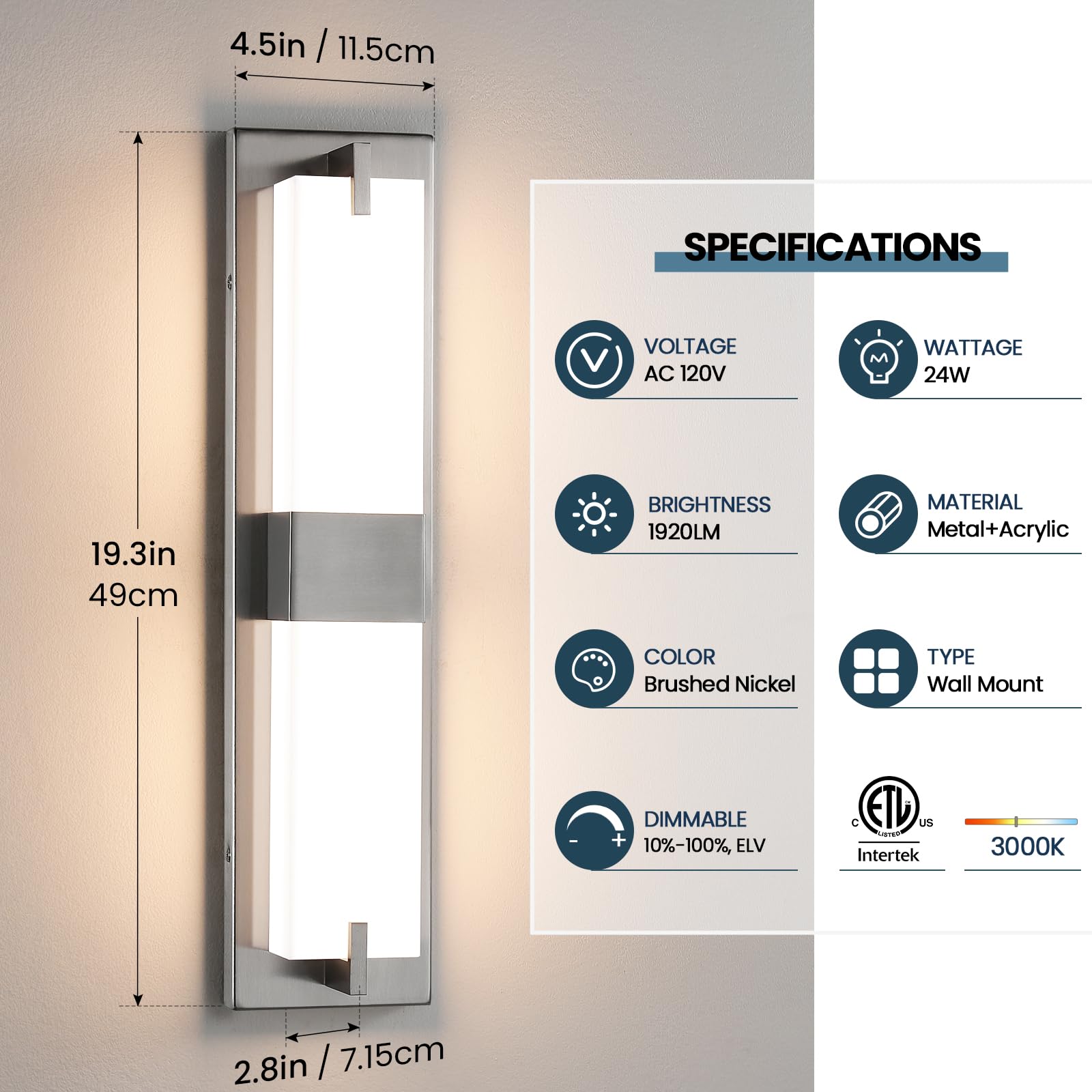 Woshitu Nickel Wall Sconce Light - Modern Dimmable Wall Sconces Set Of Two Led 3000K 24W Bathroom Vanity Light With Acrylic Shade Indoor Hardwired Sconce Lighting For Bedroom/Living Room/Hallway/Stair