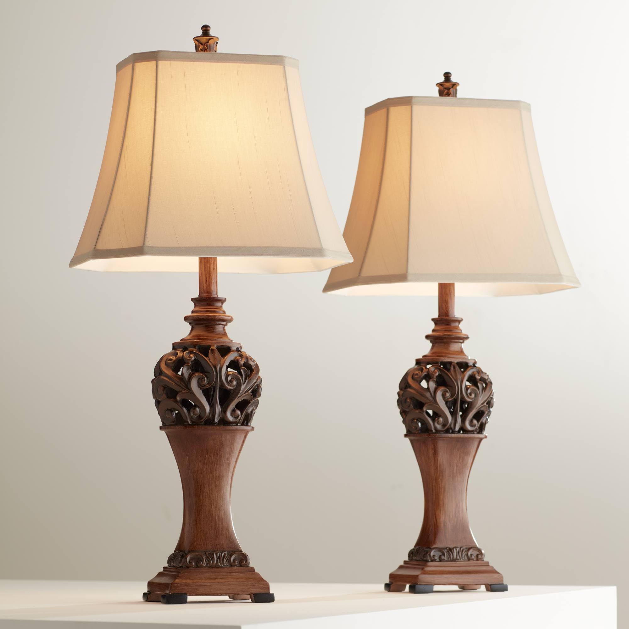 Regency Hill Table Lamps Set of 2, 30in Tall, Bronze Wood Carved Leaf, Creme Bell Shade, Model 3R187, Living Room/Bedroom Decor