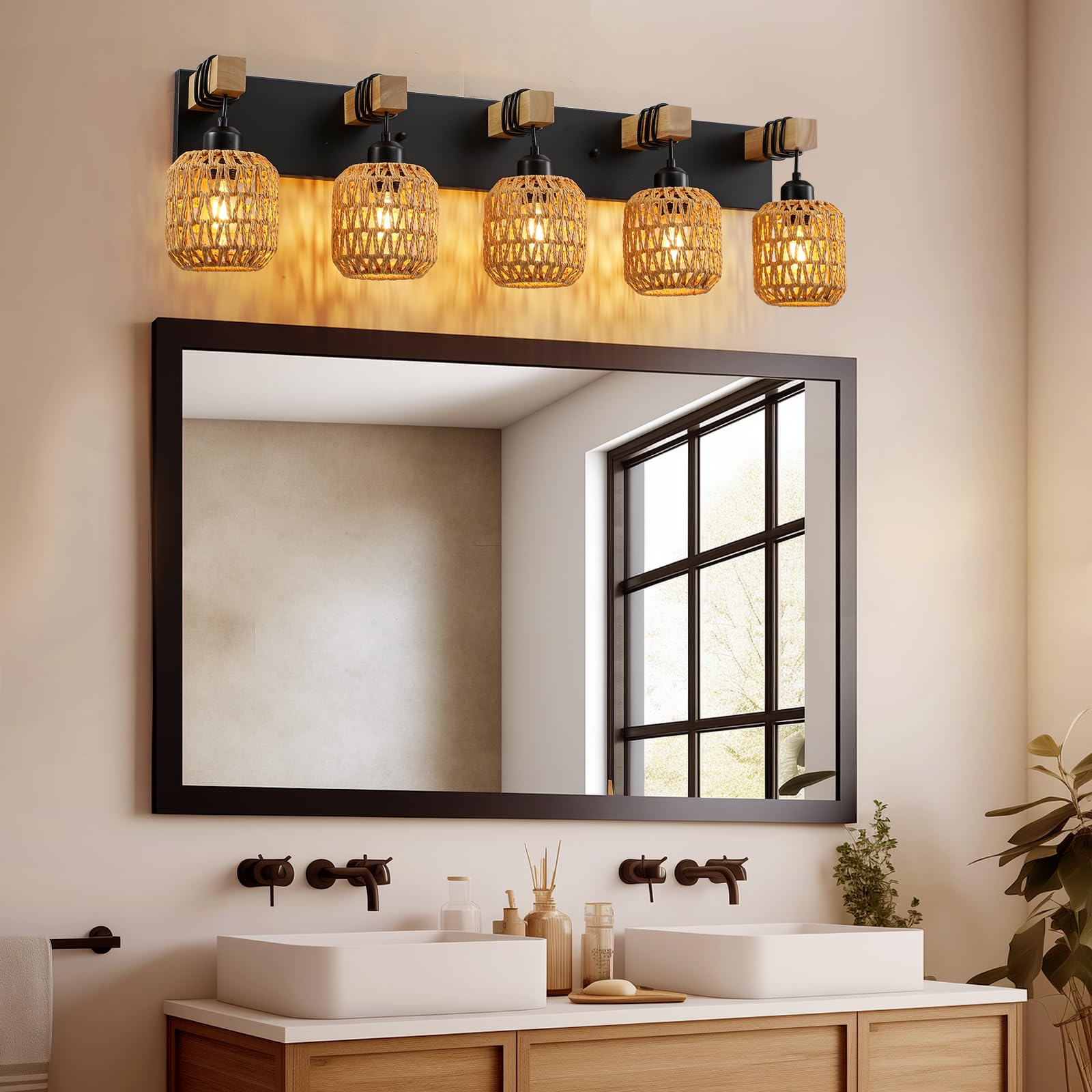 5 Light Bathroom Vanity Light Fixtures, Rustic Style Wood Bathroom Wall Sconce, With Boho Wicker Lampshade, Suitable For Bedroom, Hallway, And Living Room, Rattan Black Farmhouse Wall Sconce