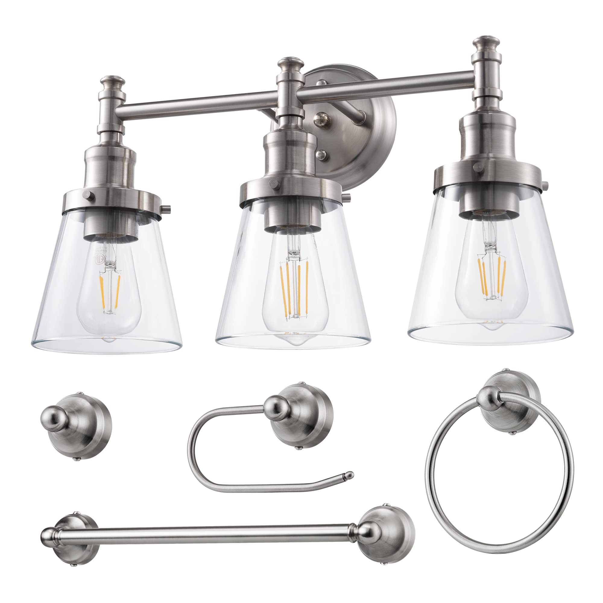 DEWENWILS Bathroom Light Fixtures Set, 5-Piece, 3 Light Brushed Nickel, Metal with Glass Shades, Model HHVL01E