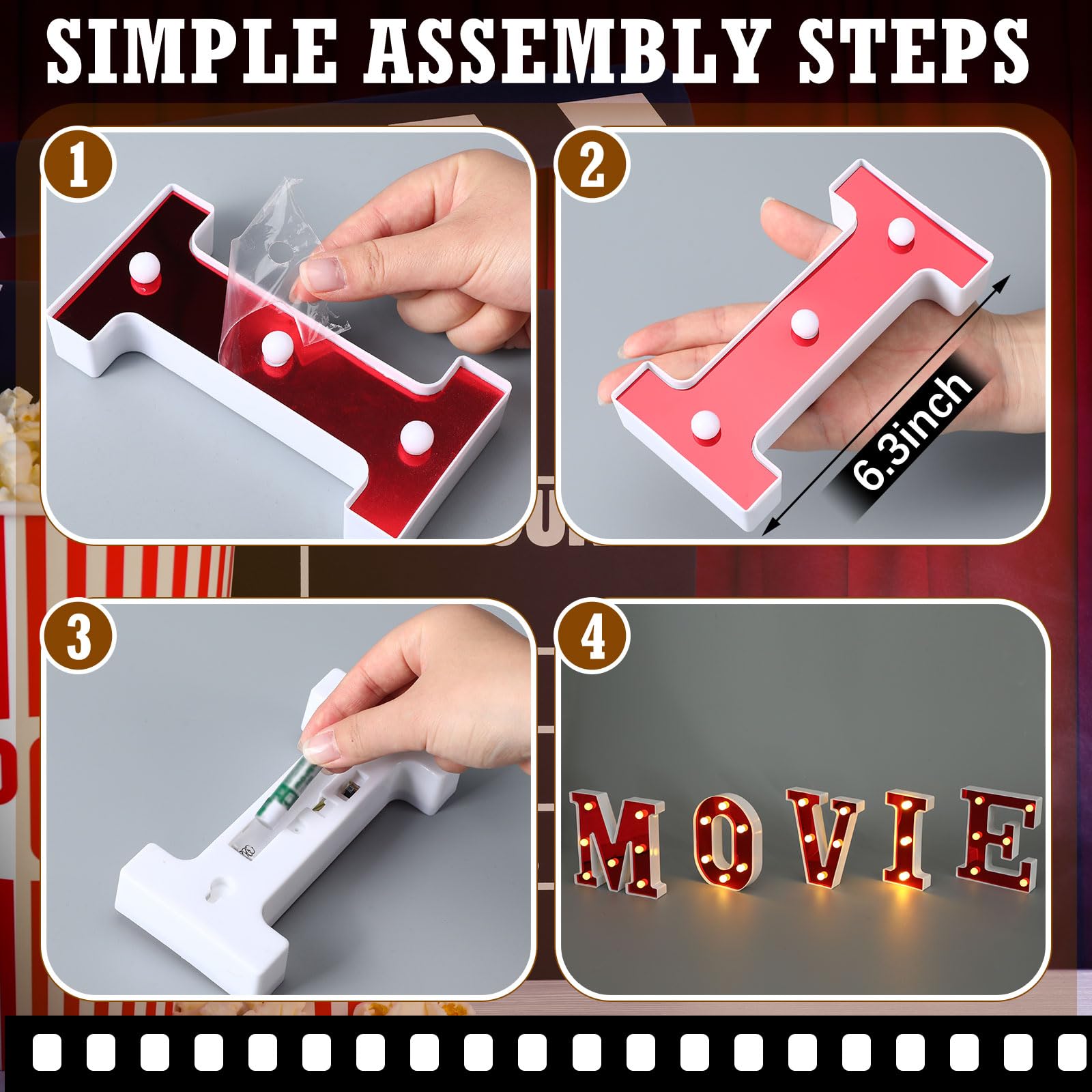 Aurelema LED Light Up Movie Night Letters Sign, 7 Pcs Decorations, 6.3in  Height, Red, Model MJO-Aurelema-1534