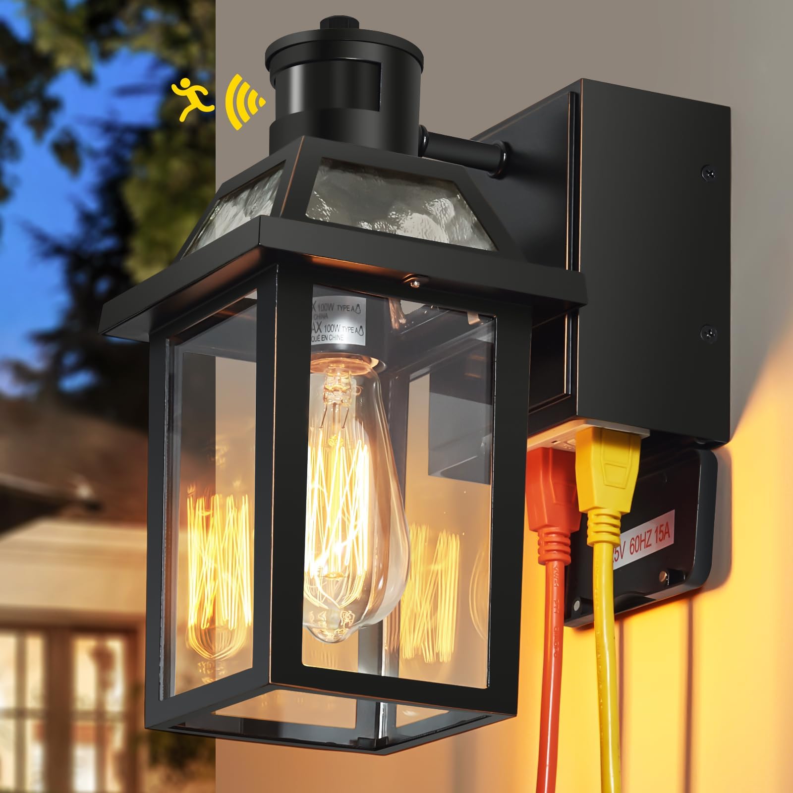 Yisuro Porch Lights With Gfci Outlet, Waterproof Dusk To Dawn Fixture, 3 Lighting Modes, Black