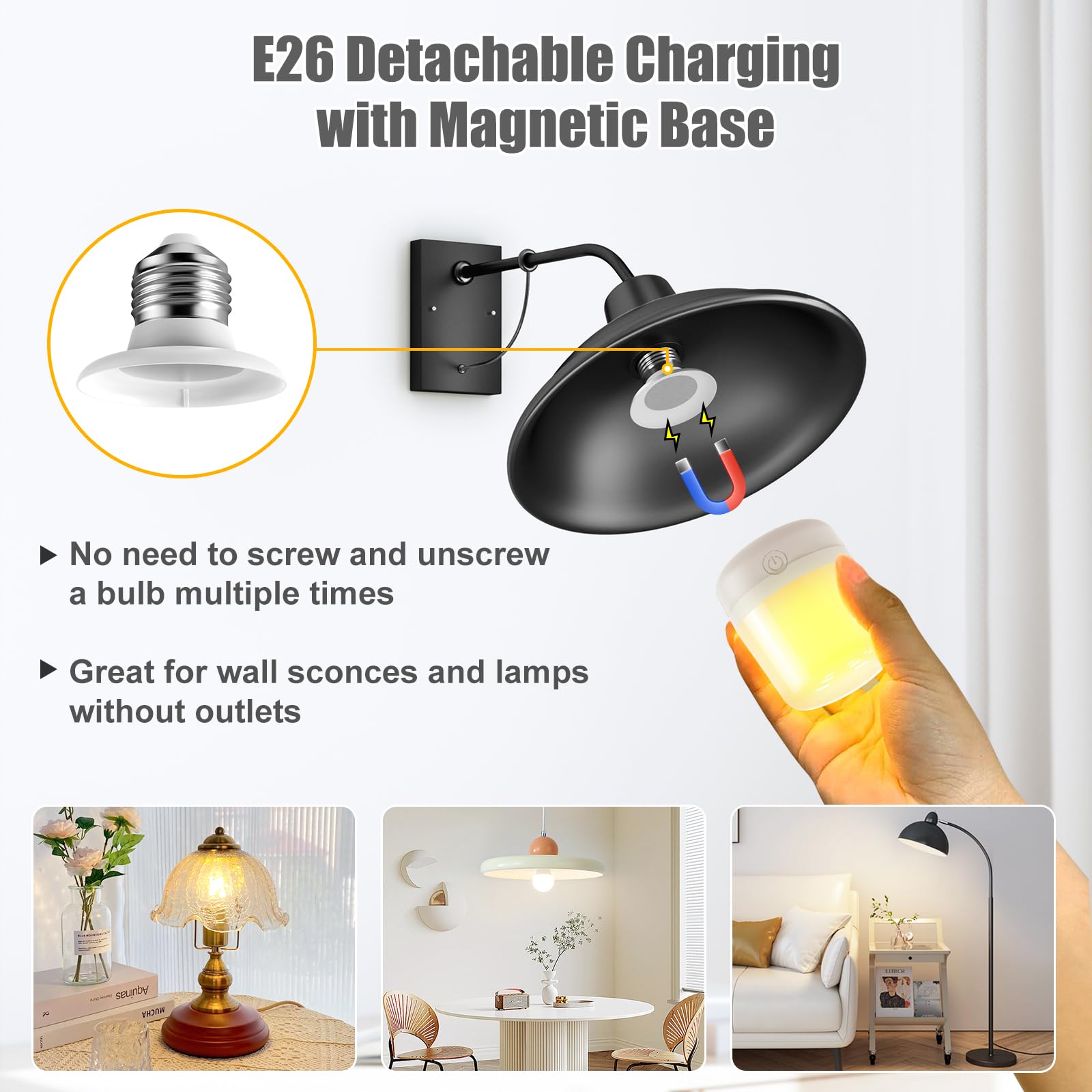 Brightown E26 Rechargeable Light Bulb with Remote & Timer, Dimmable 3 Color Temperatures & 9 RGB, Battery Backup, 2 Pack
