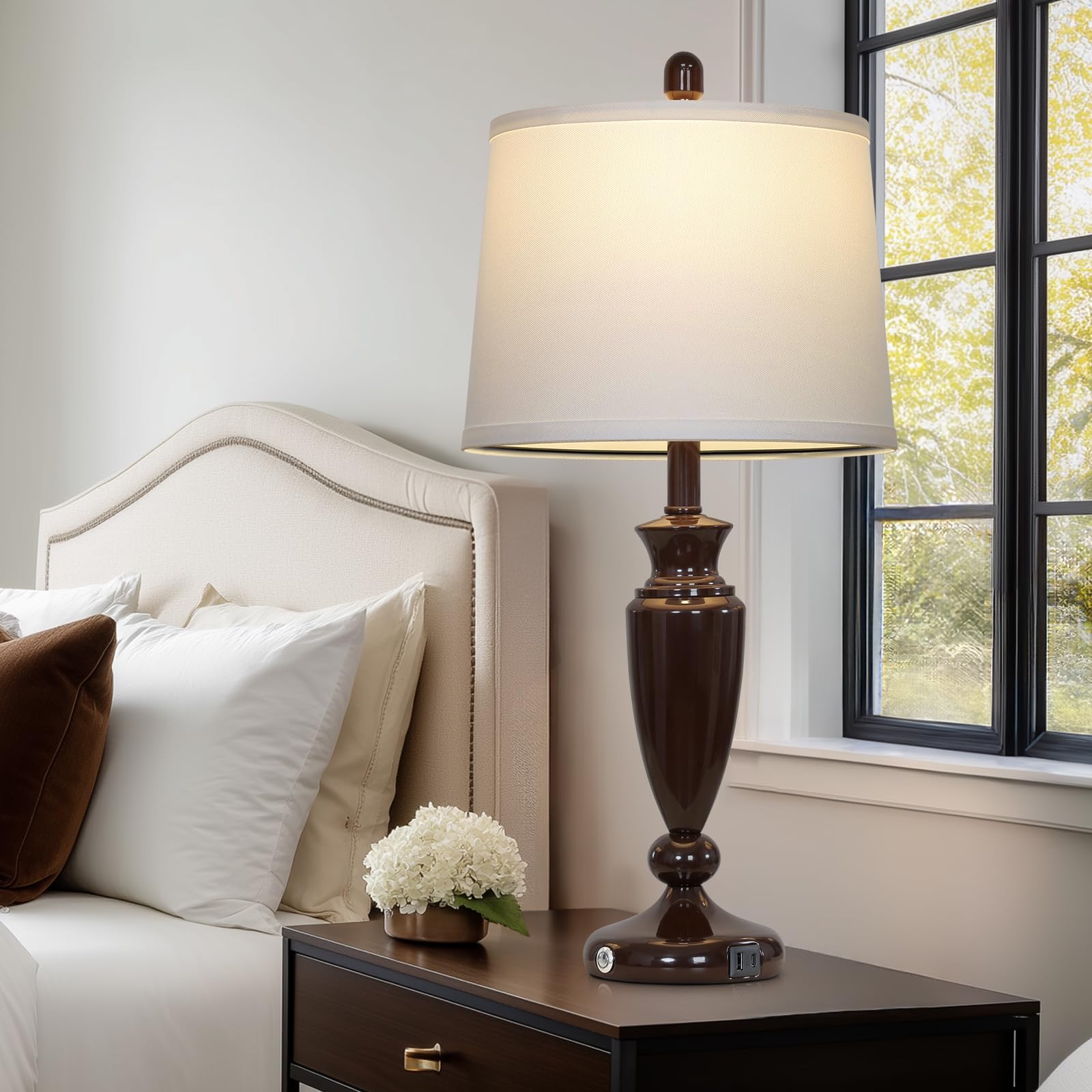 Rinweey 27'' Brown Living Room Lamps Set Of 2, 3 Way Touch Control Table Lamps With Usb A+C Ports, Modern Bedside Lamps, Elegant