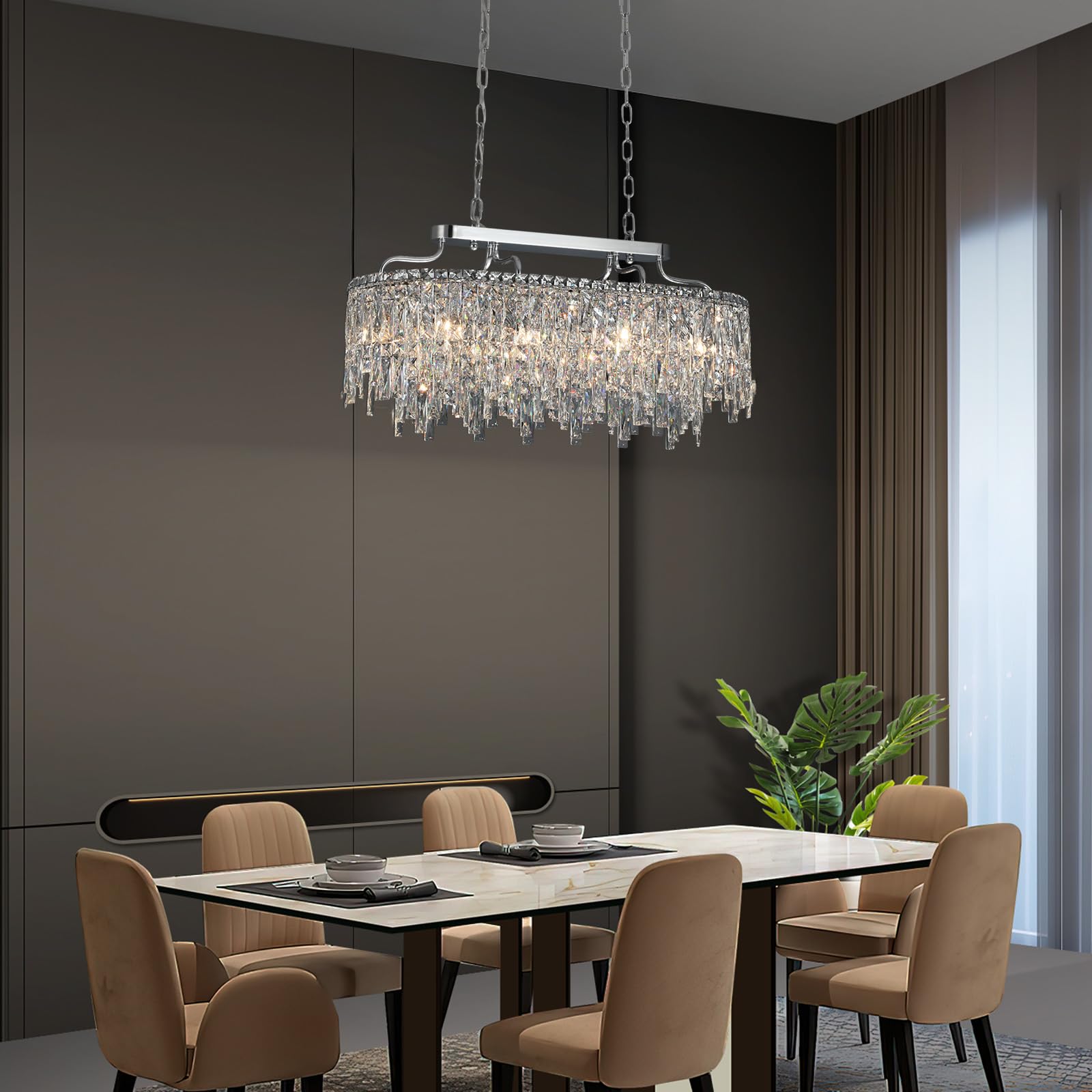 Nisidun 10 Light Crystal Chandelier | Chrome Oval-Shaped Crystal Chandeliers For Dining Room Light Fixture  32 Modern Ceiling Lighting Fixture For Dining Room Kitchen Island Bar