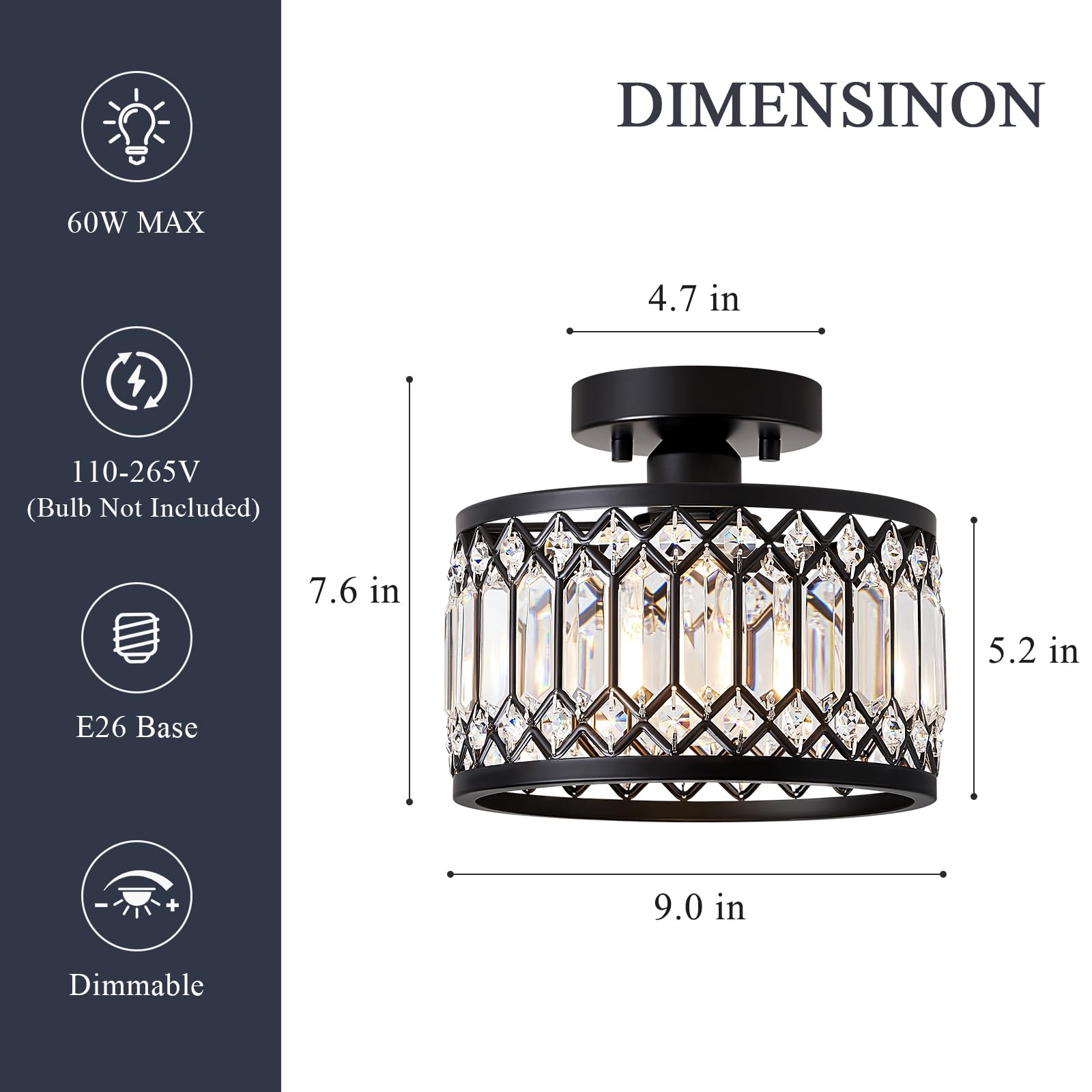 Pevfah Crystal Black Ceiling Light, Modern 9 Inch Semi Flush Mount Fixture for Kitchen, Entryway, Bedroom, Model SJ240521001