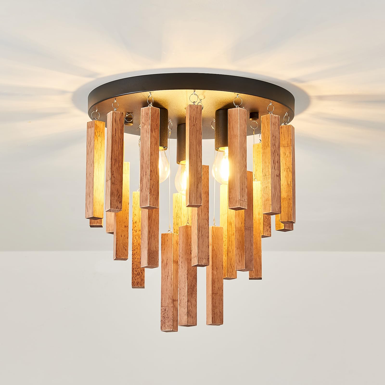 3-Light Semi Flush Mount Ceiling Lights Boho Wood Light Fixture Farmhouse Chandelier Oak And Black Ceiling Lighting With E26 For
