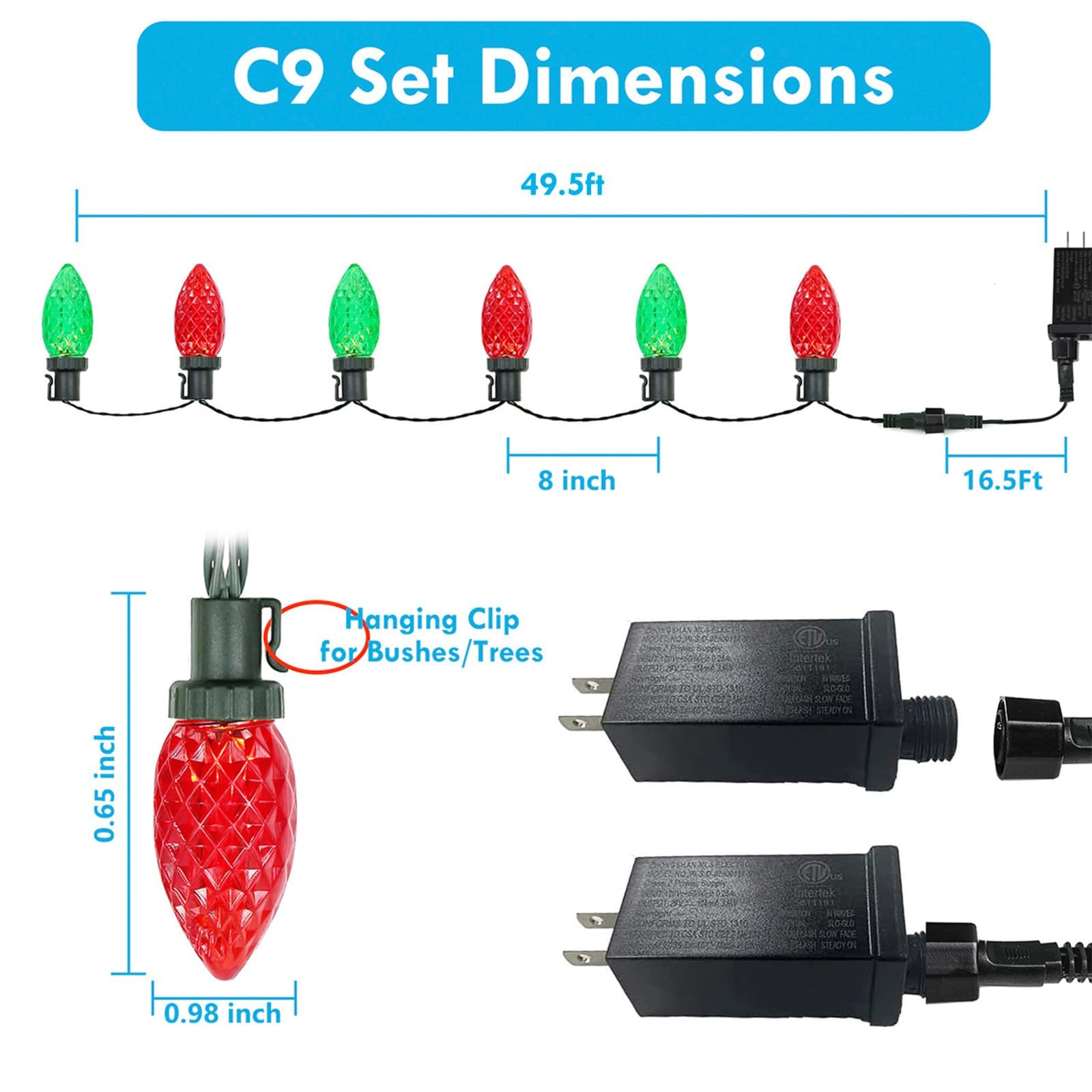 Kaq 2Pk 100Led Red And Green C9 Christmas Lights Waterproof Indoor Outdoor  Extendable 98Ft String Lights Plug In With 13 Lighting Modes  C9 Christmas Decorations For Party Patio  Outside Yard Decor