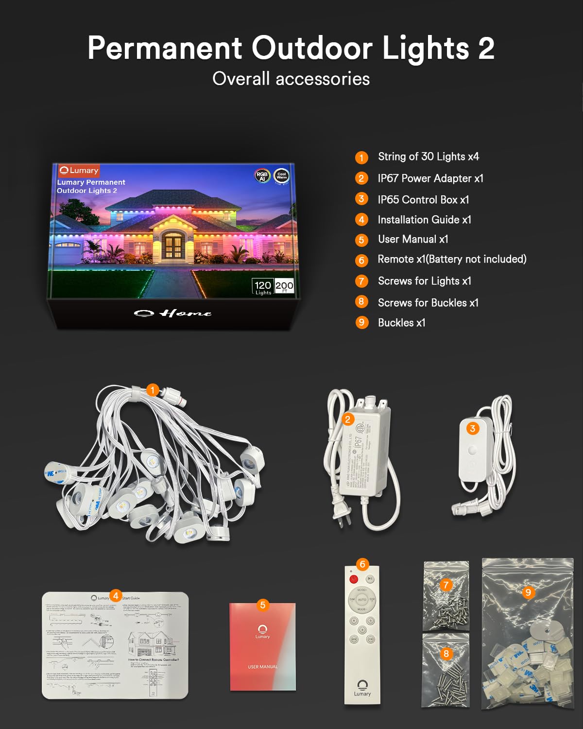 Lumary Permanent Outdoor Lights 2 With Remote  200Ft With 120 Rgbaicw Leds 7200Lm For Daily & Accent Lighting  110+ Scene Modes For Christmas Decor  Ip67 Waterproof  Work With Alexa  Google  White