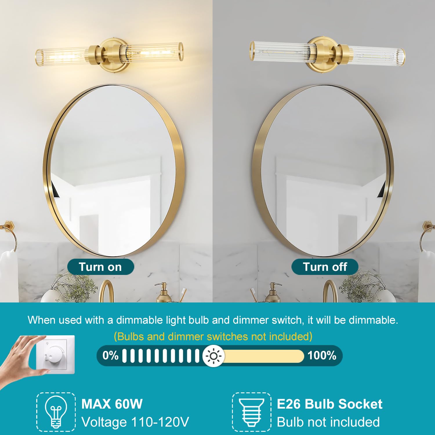 Vaziden Gold Threaded Glass Bathroom Light Fixtures, Modern Wall Sconce, Up & Down Lighting for Vanity, Living Room - Bulb Not Included