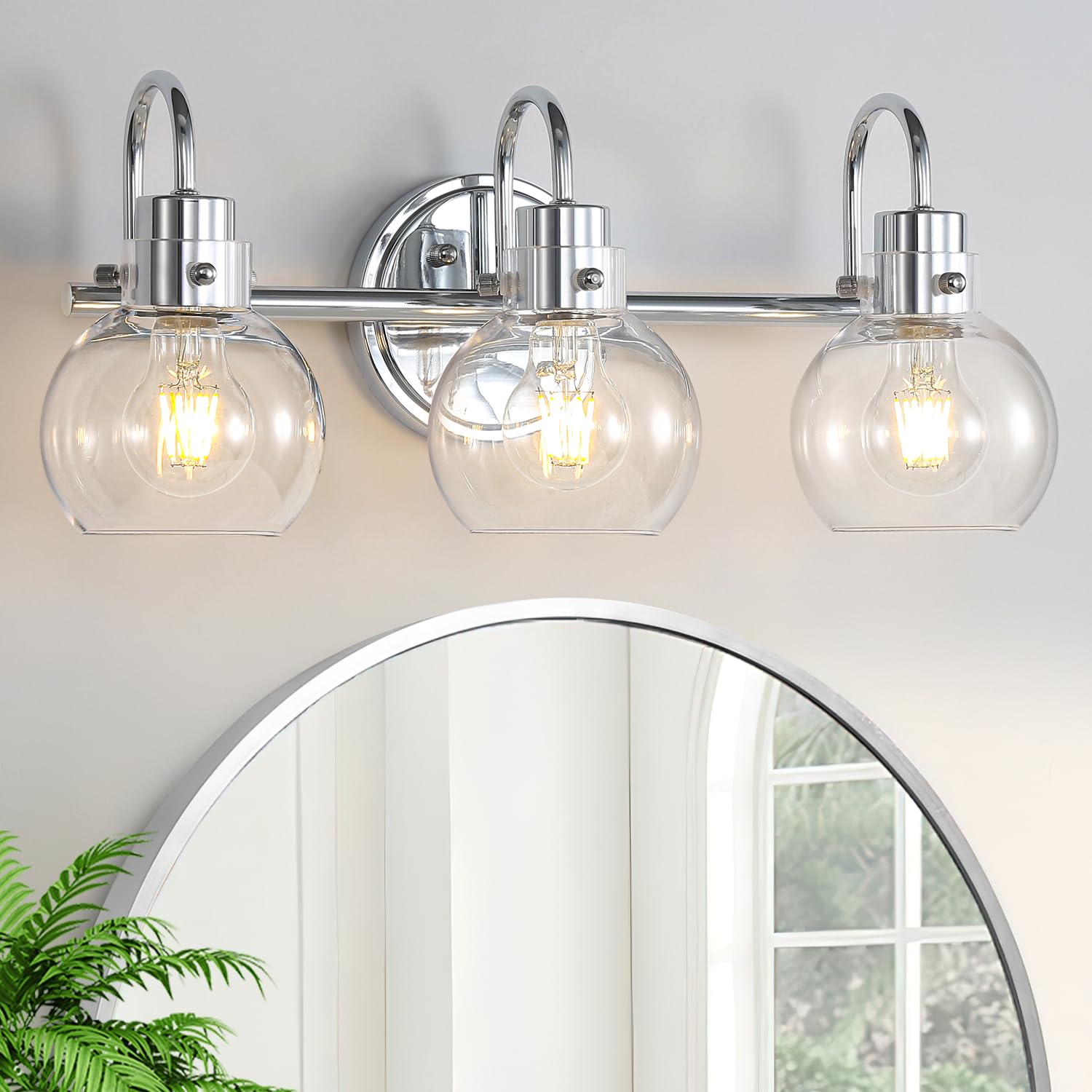 Apenath Polished Chrome 3-Light Vanity Light Sconce With Clear Globe Shades For Bathroom, Kitchen, Bedroom