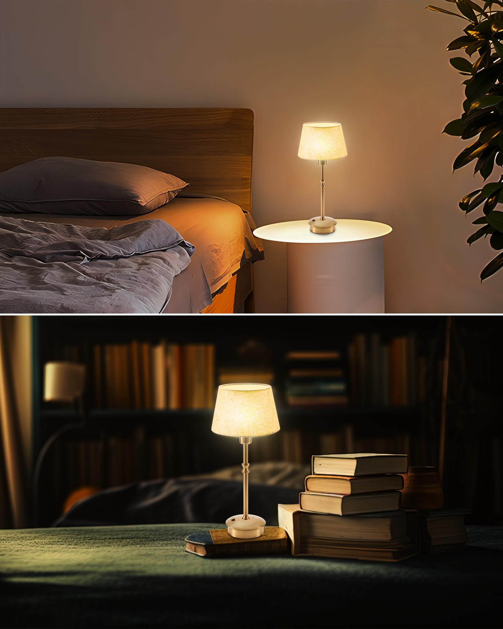UMEXUS Cordless Table Lamps Set of 2, Dimmable, 13.97inH, Beige Fabric Shade, Antique Brass, Model HVUS-20632E6