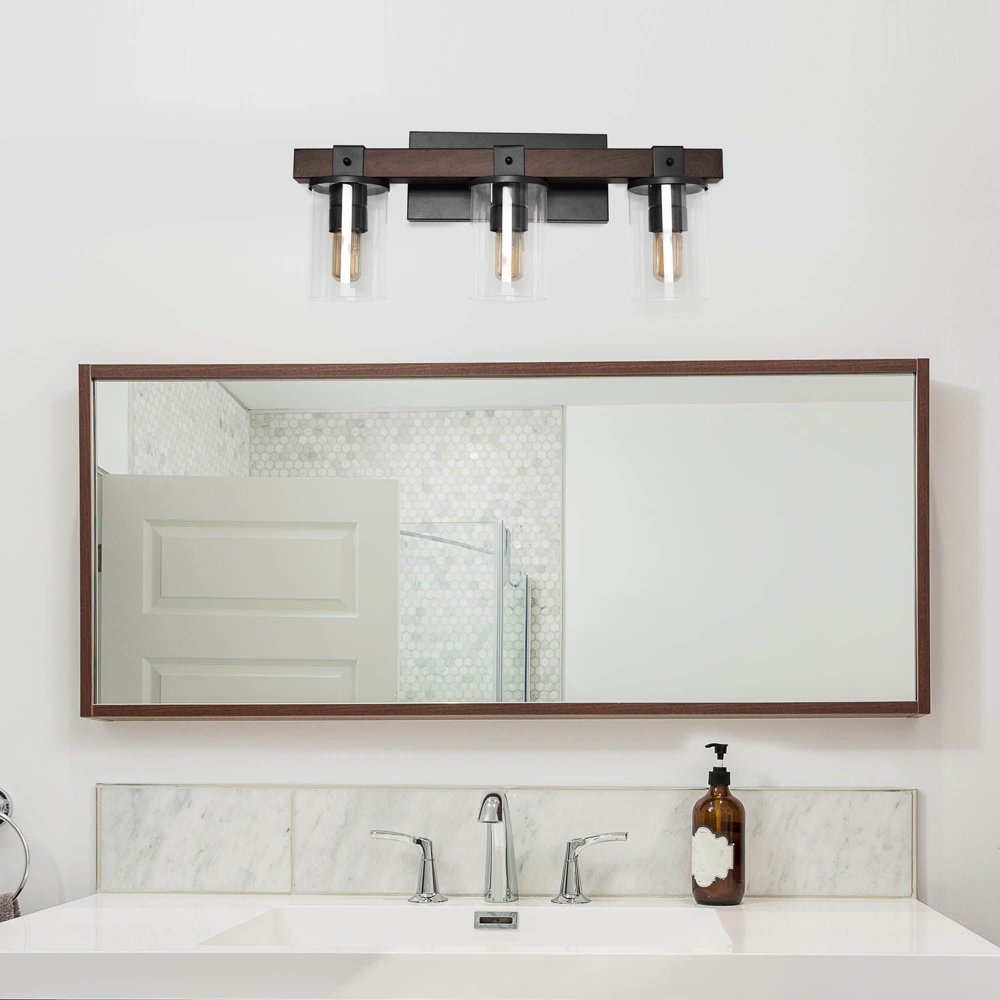 Elegant Designs VT1009-BWN Industrial Rustic Lantern 3-Light Bath Vanity, Metal, Brown, 22.25inL x 9.5inW x 5.5inH