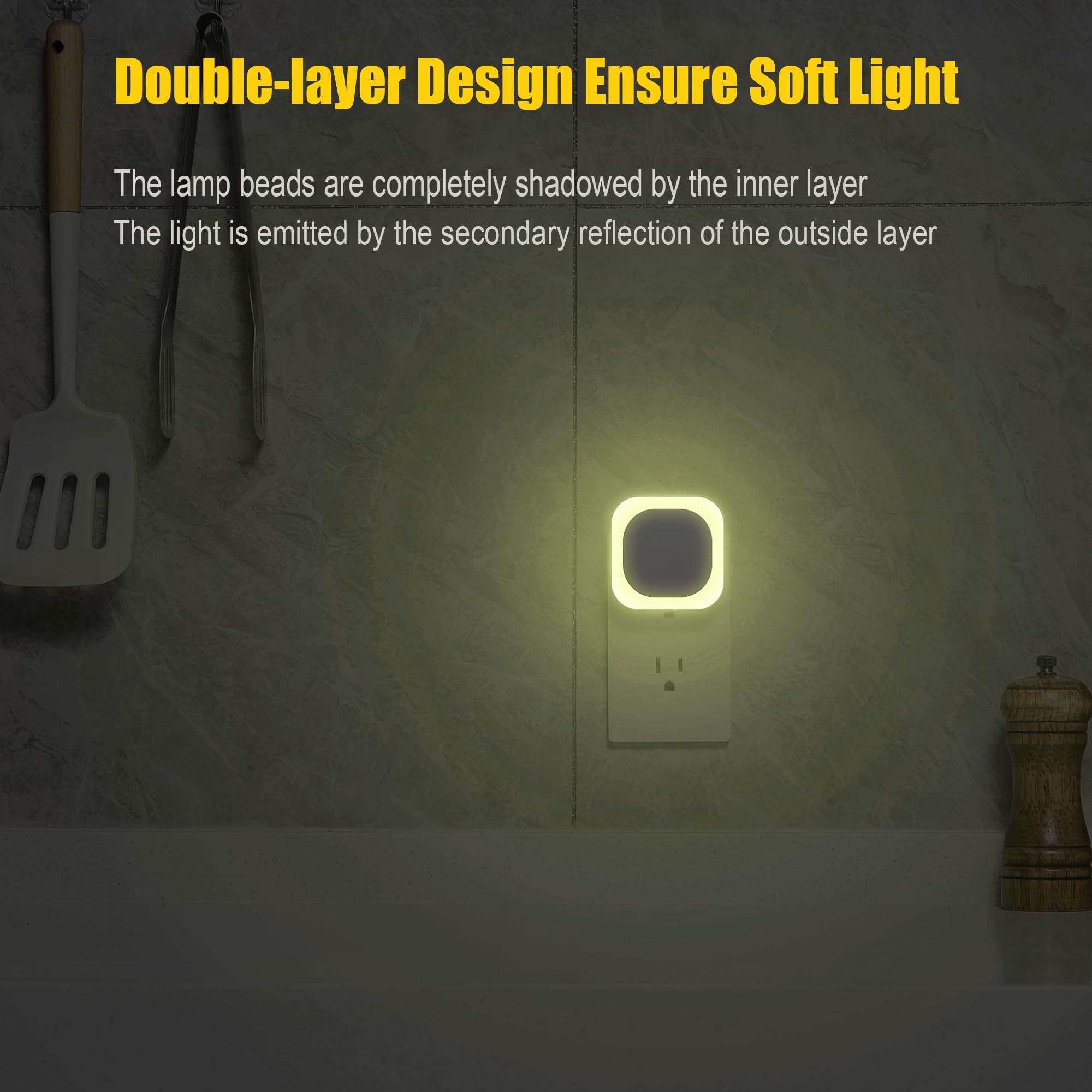 Yunlex 2 Pack Plug In Dimmable Square Nightlight, Auto Dusk To Dawn Sensor, Led Wall Night Light, Soft Glow, Warm White Night Light For Bathroom, Hallway, Kitchen, Bedroom, Garage