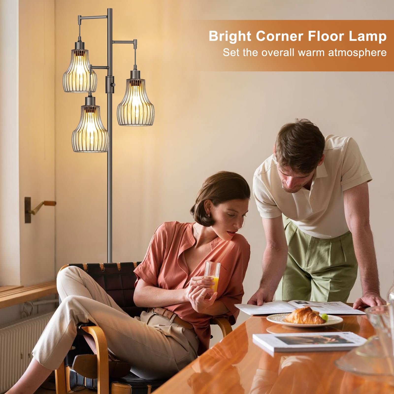 Ziisee Dimmable Floor Lamps For Living Room, Industrial Tree Standing Tall Lamps With 3 Elegant Cage Shade For Bedroom Office -