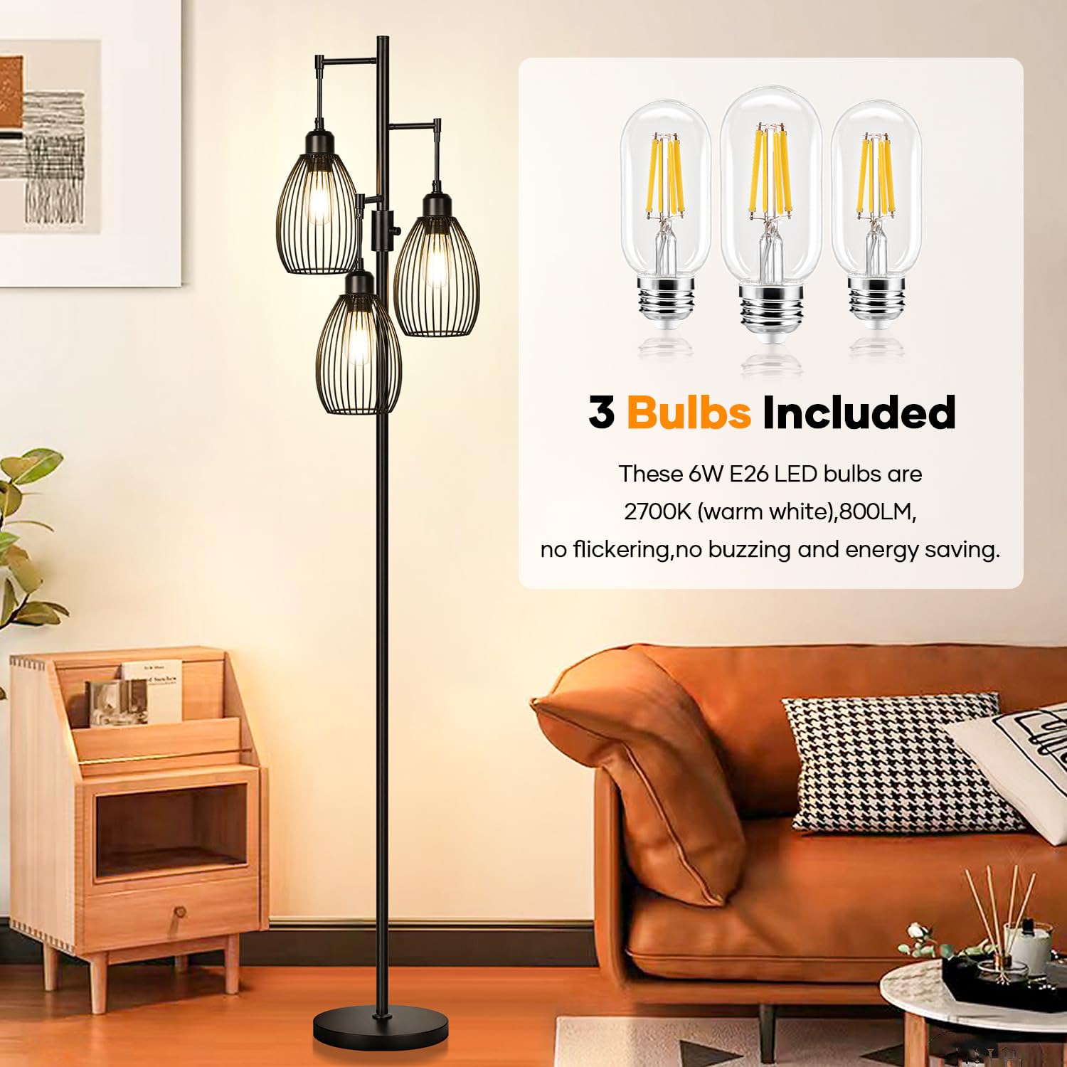 Nintiue Dimmable Floor Lamp - 3 x 800LM LED Bulbs, 70" Matte Black Metal, Model FL1908, Farmhouse Industrial Style for Living Room/Office