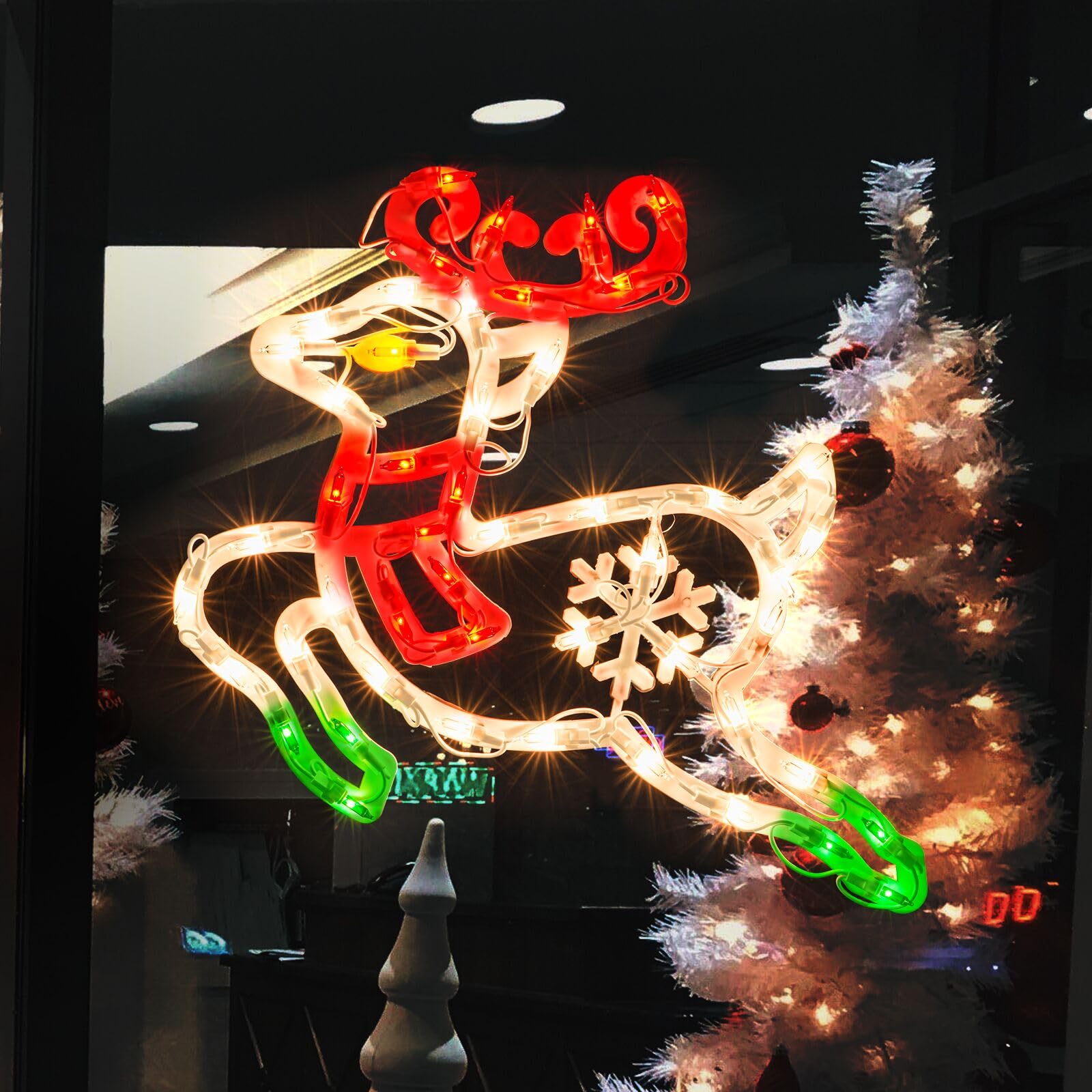 JUSTPRO Christmas Window Silhouette Lights, Lighted Deer Double Sided Decorations with 50 Count Incandescent Mini Light for Holiday Indoor Wall Door Glass Decor