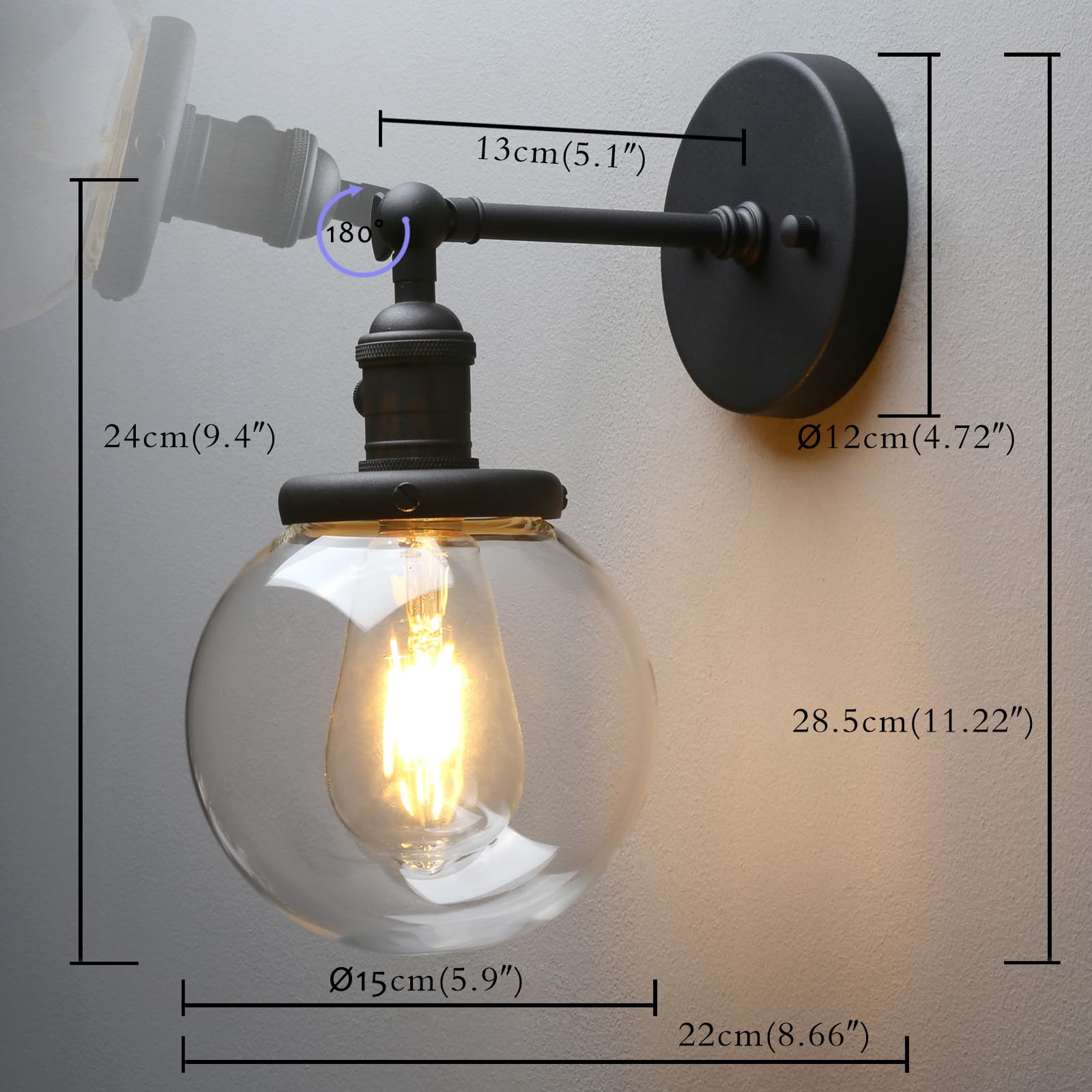 Permo Vintage Industrial Wall Sconce Lighting Fixture With 5.9 Round Clear Glass Globe Hand Blown Shade (Black)