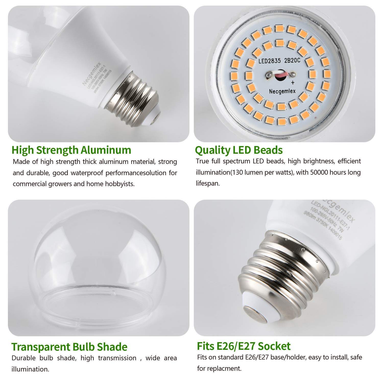 Necgemlex 4 Pack A70/A21 Grow Light Bulb, E26 110V 7W Full Spectrum LED Plant Light Bulb for Indoor Plants, Flowers, Greenhouse,