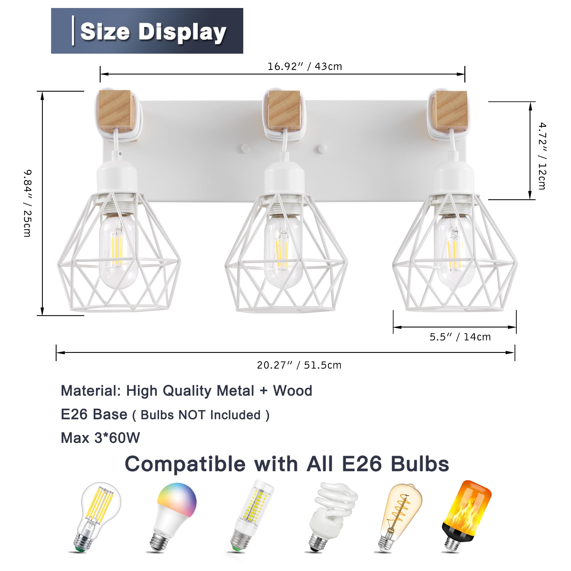 Maesta 3-Light Farmhouse Bathroom Vanity Light Fixture, Rustic Wood & Metal Sconces, White, Model MA021-3
