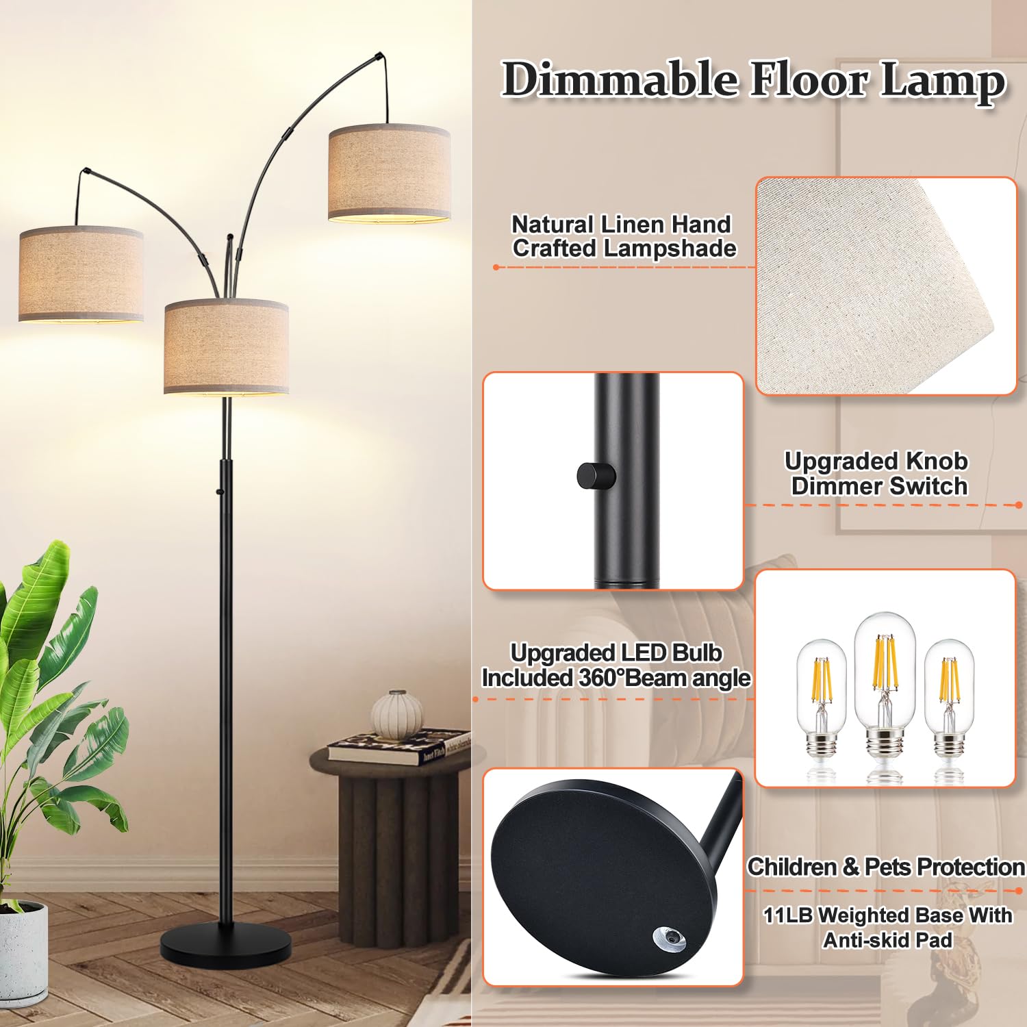 Nintiue Dimmable Floor Lamp - 3 Lights Arc, Matte Black with Beige Linen Shades, Model F1378, Includes 3 LED Bulbs