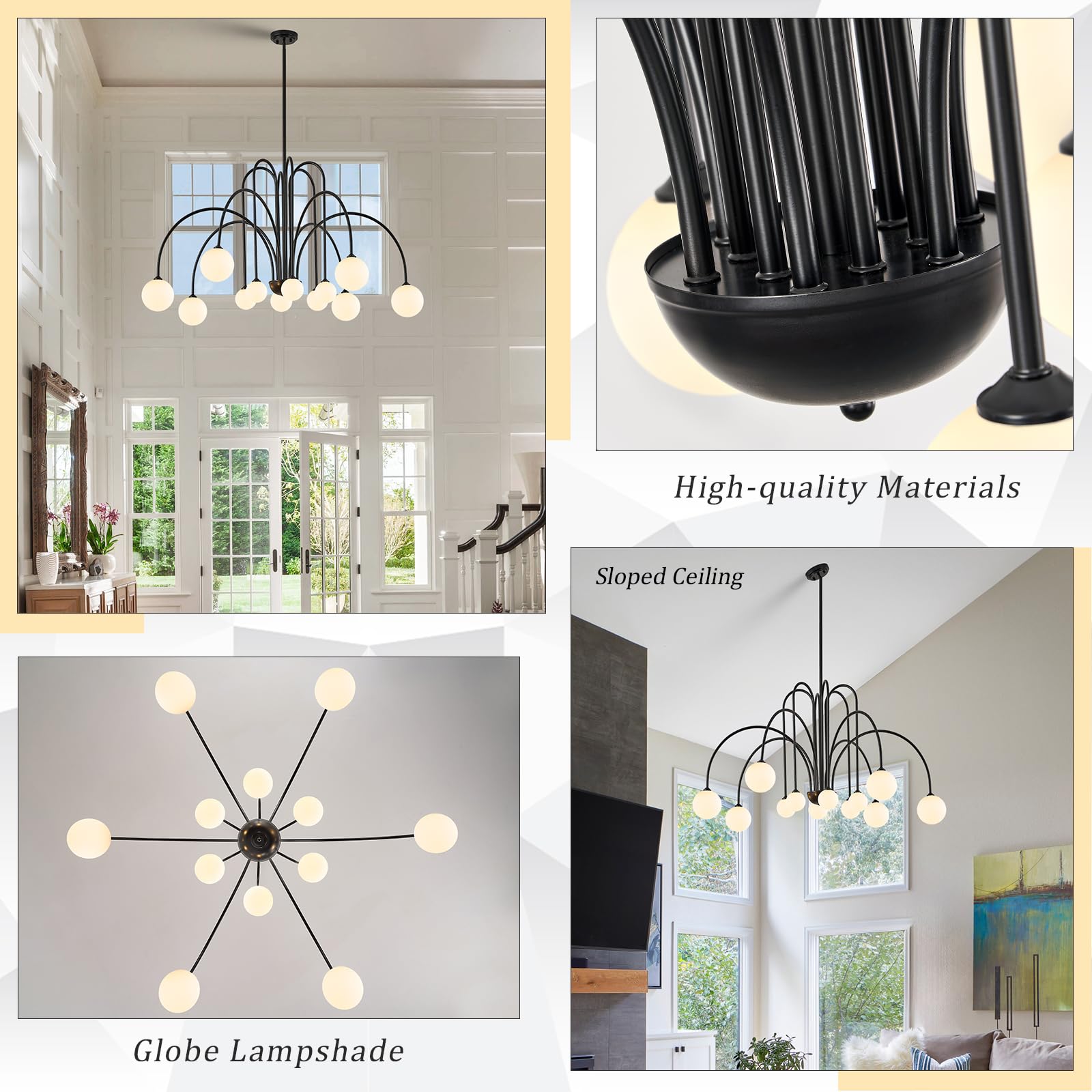 CATINER Black Sputnik Chandelier, 12 Lights, Modern Design, Milk Glass Shades, 52” for High Ceilings, Model P93-12B1