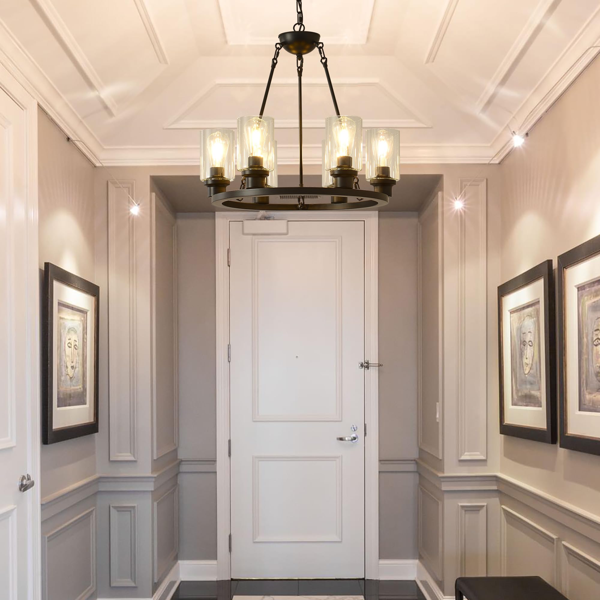 Jtyp 24&quot; Black Wagon Wheel Chandelier, 6-Light Farmhouse Pendant Light For Kitchen & Living Room