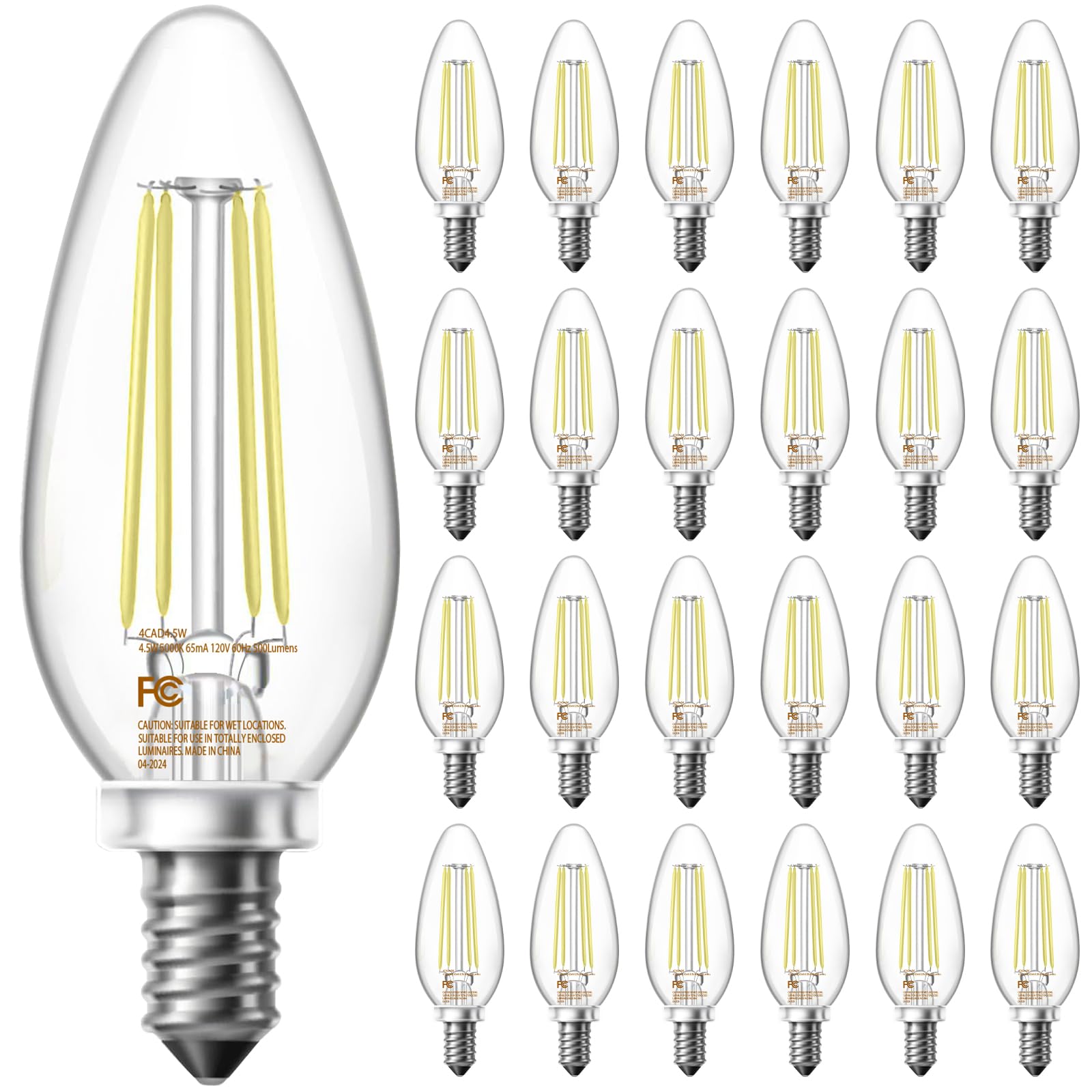 VOLIVO Dimmable E12 LED Candelabra Bulbs 60W Equivalent, 5000K Warm White, 24 Pack