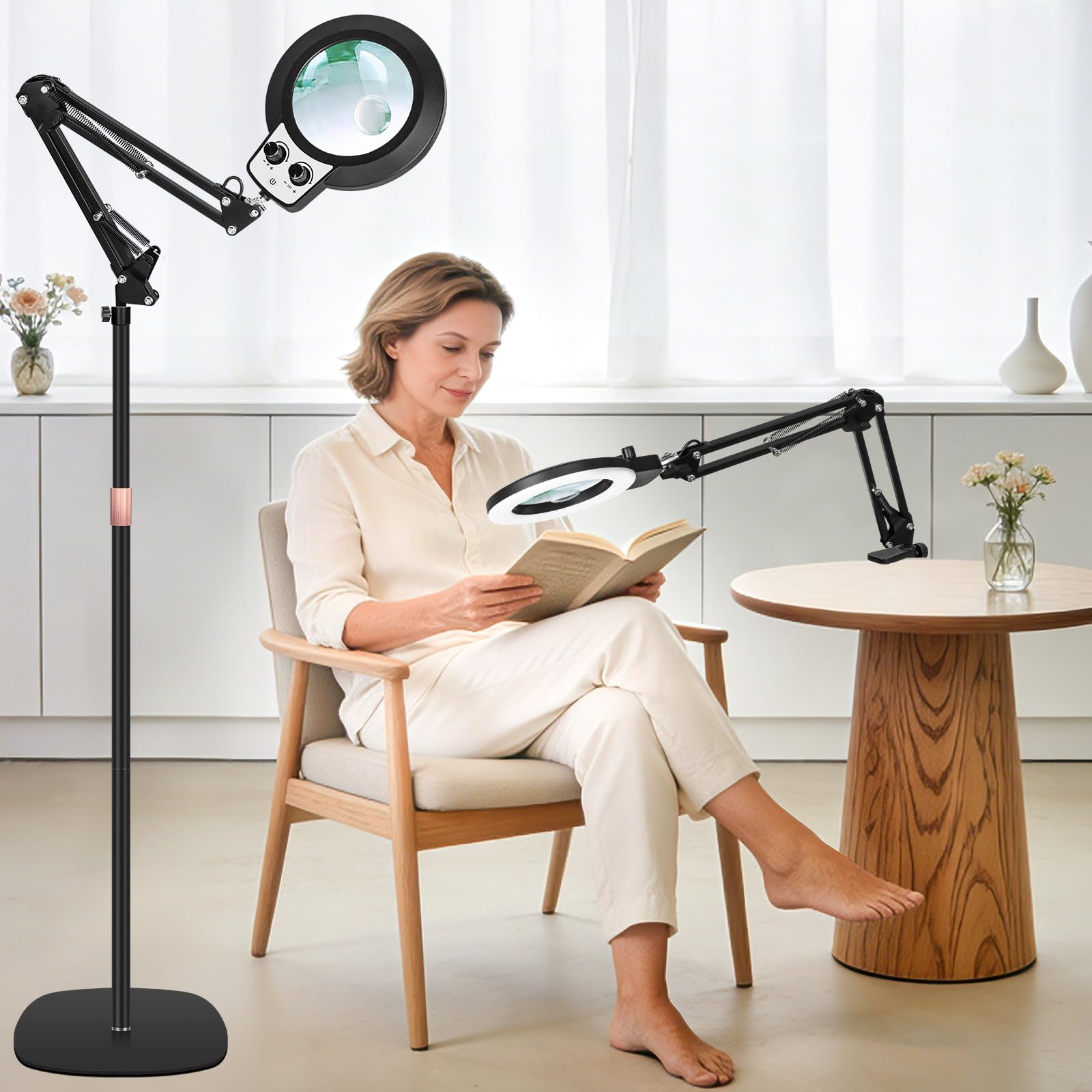 KIRKAS 12X&30X Magnifying Floor Lamp with Base for Estheticians 2,200 Lumens LED Magnifier Lighted Glass Len, Adjustable Stand &