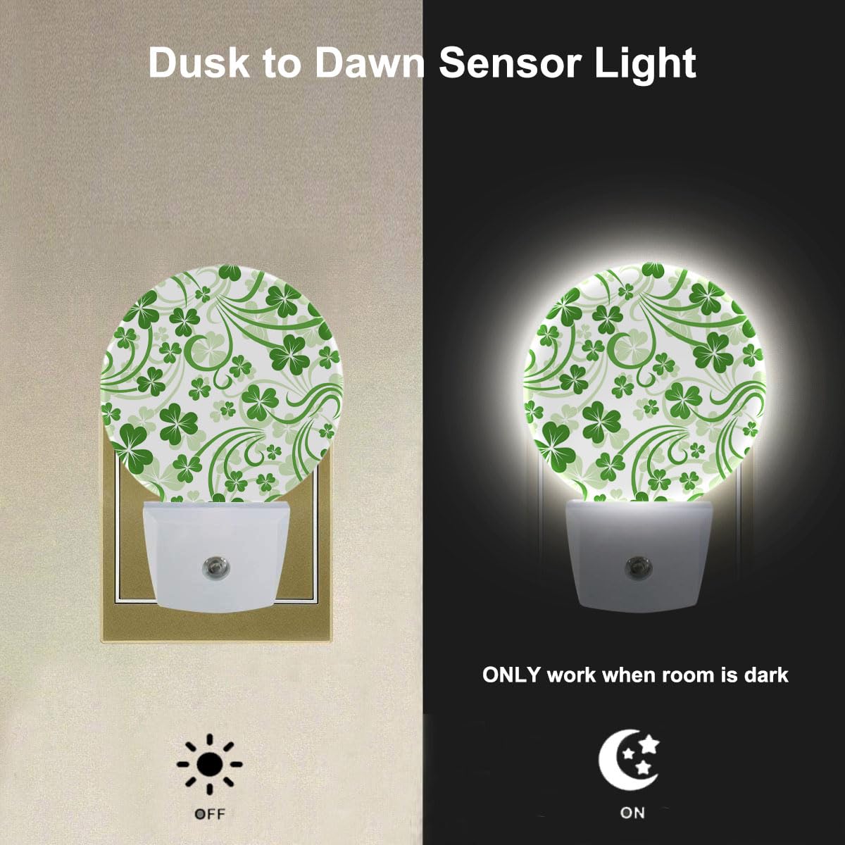 Ekobla St Patrick'S Day Night Light Green Clover Leaves Shamrock Lucky Leaf Night Lights Plug Into Wall Auto Sensor Led Round La
