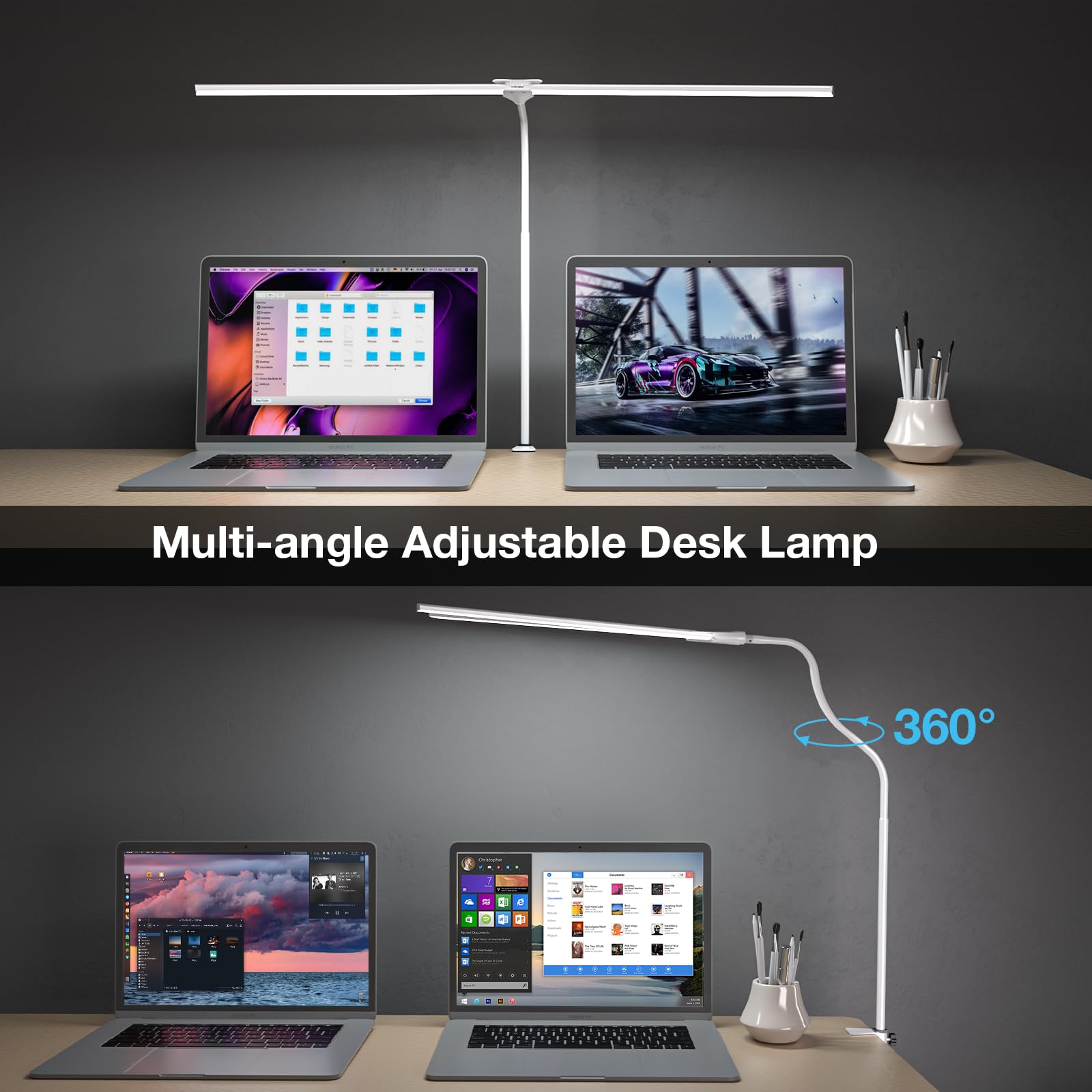 Led Desk Lamp, 31.5'' Wide Double Head Desk Lamps For Home Office, Dimmable 25 Lighting Modes 16W 1800Lm Bright Desk Lighting, E