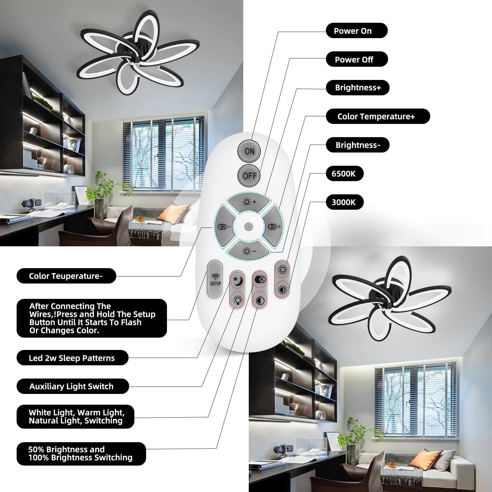 SEABLE Modern LED Ceiling Light, 93W Dimmable, 29.5" Flush Mount, Black, Remote Control, Ideal for Living Room, Bedroom, Kitchen