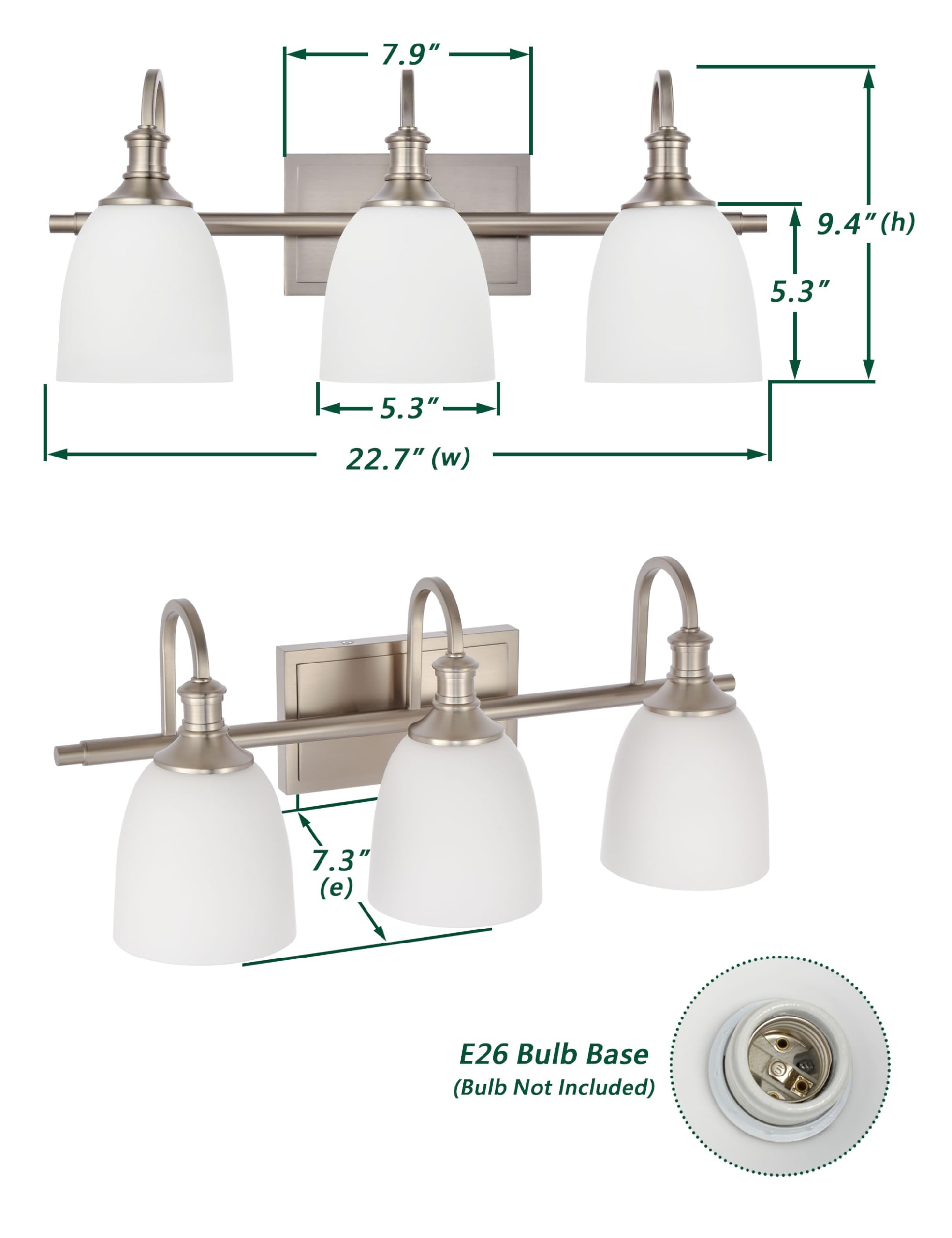 Hanaloa Bathroom Vanity Light Fixtures, Vintage Brushed Nickel 3 Lights Wall Sconce Lighting With Opal Glass Shade, Porch Wall Mount Light Fixture For Bathroom, Mirror Cabinets Hallway Stairs