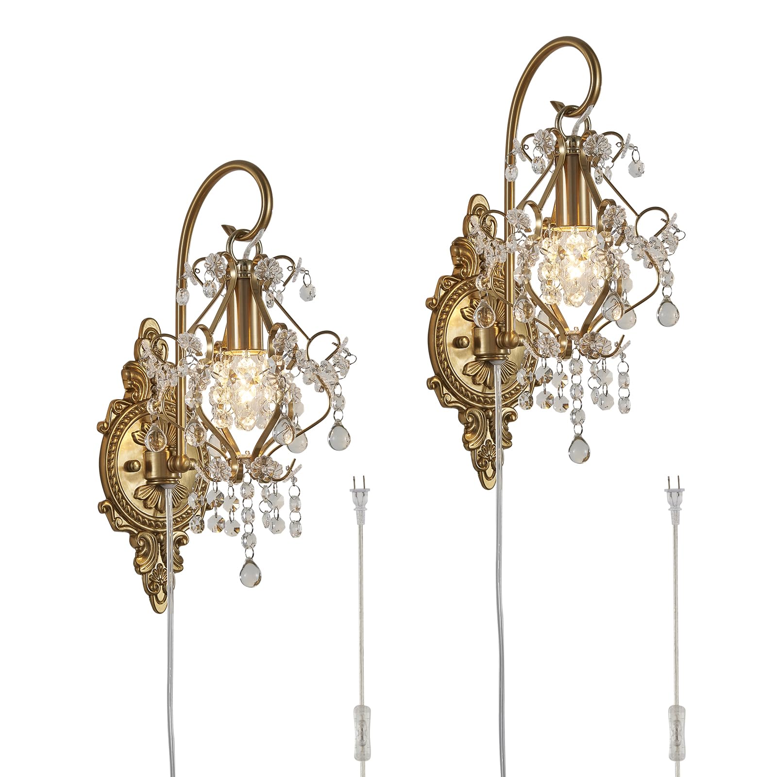 Fetason Gold Crystal Vintage Wall Sconces Set of 2, Modern Plug in Light Fixture for Bedroom, Living Room, Bathroom, Model FT603