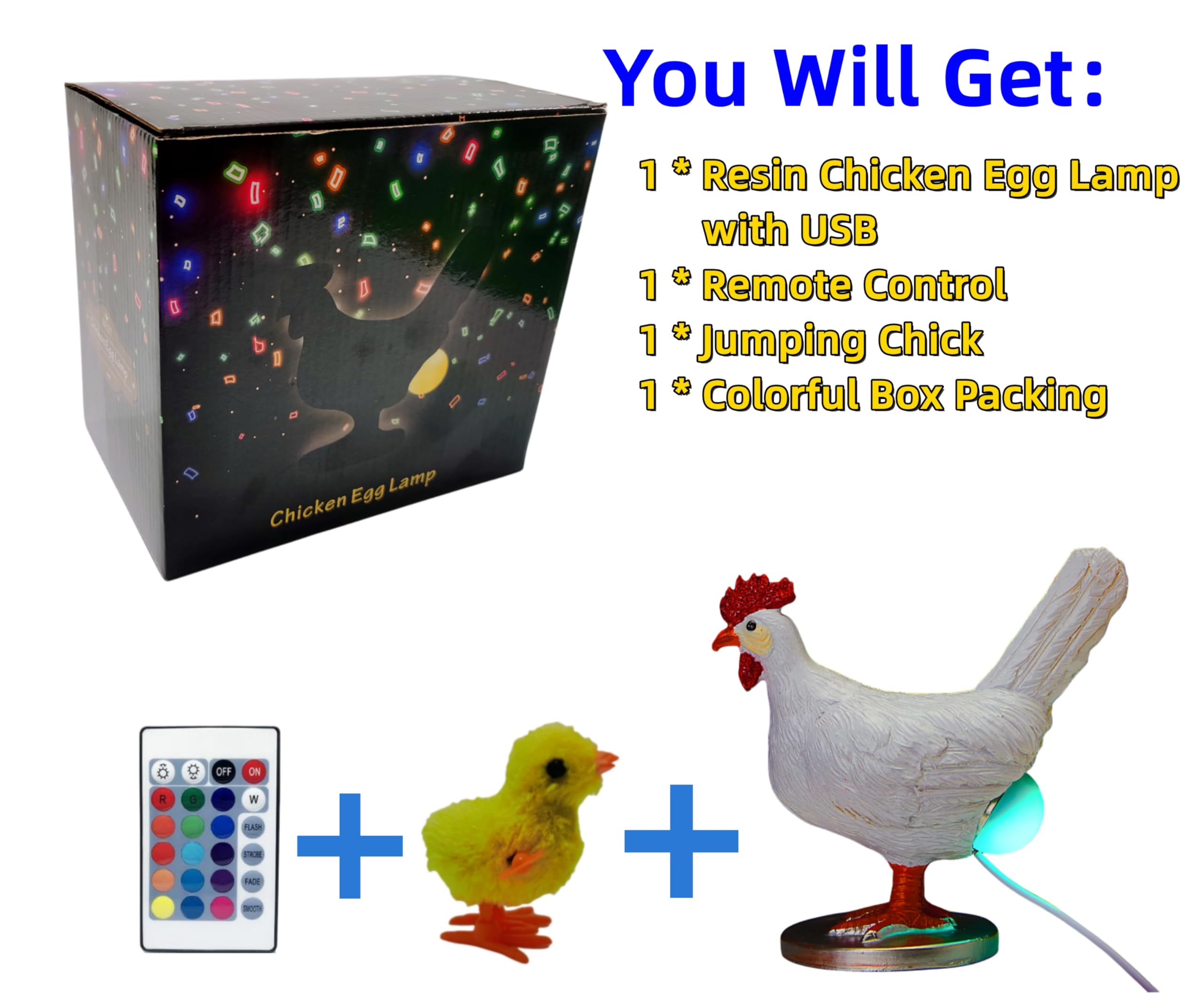 Upgraded Chicken Egg Lamp, Chicken Lamp, 16 Colors Change with Remote Control, 3D Resin Chicken Night Light with USB, Color Gift