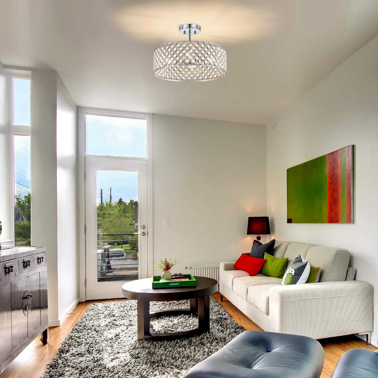 Bzvesr Chrome Crystal Ceiling Light Fixture Modern Semi Flush Mount Ceiling Lighting Fixture Round Small Chandelier For Dining Room  Hallway  Entryway  Kitchen  Bedroom Foyer 4 Light 15.7 Inch