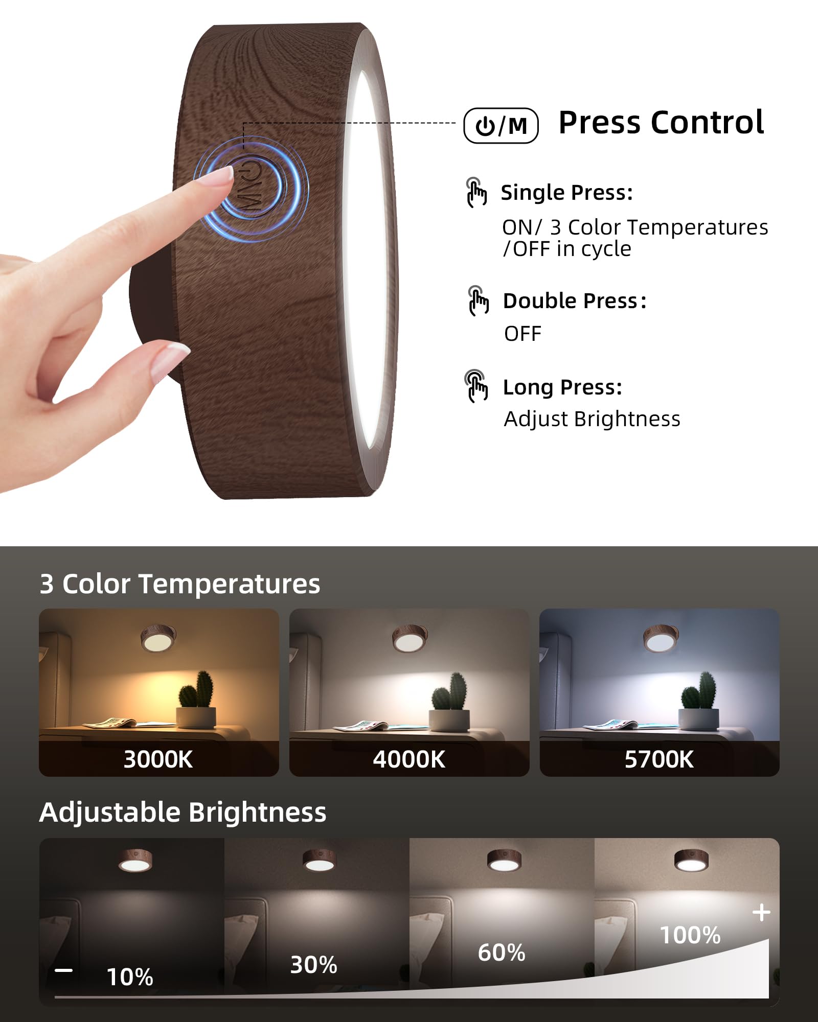 EZVALO LED Wall Mounted Lights, 3 Color Temps, Remote & Touch Control, 2 Pack, Black Walnut, Model EZL2404A