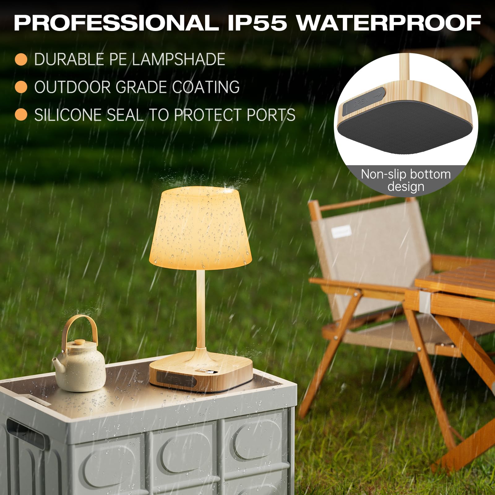 Lightbiz Outdoor Table Lamp - 8000mAh Rechargeable, IP55 Waterproof, Dimmable LED, Wood Color, Model G300-Black