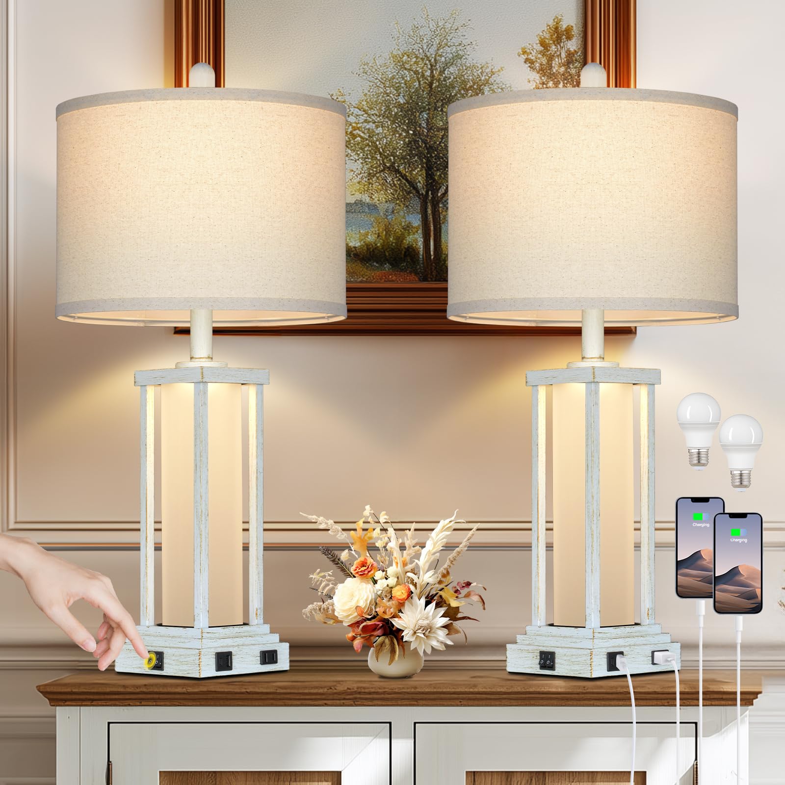 Cinkeda 27 Tall Vintage Table Lamp Set of 2 with USB C+A & Outlet Nightstand Lamp for Living Room Bedside Lamps with Frosted Glass Night Light for Bedroom Entryway White